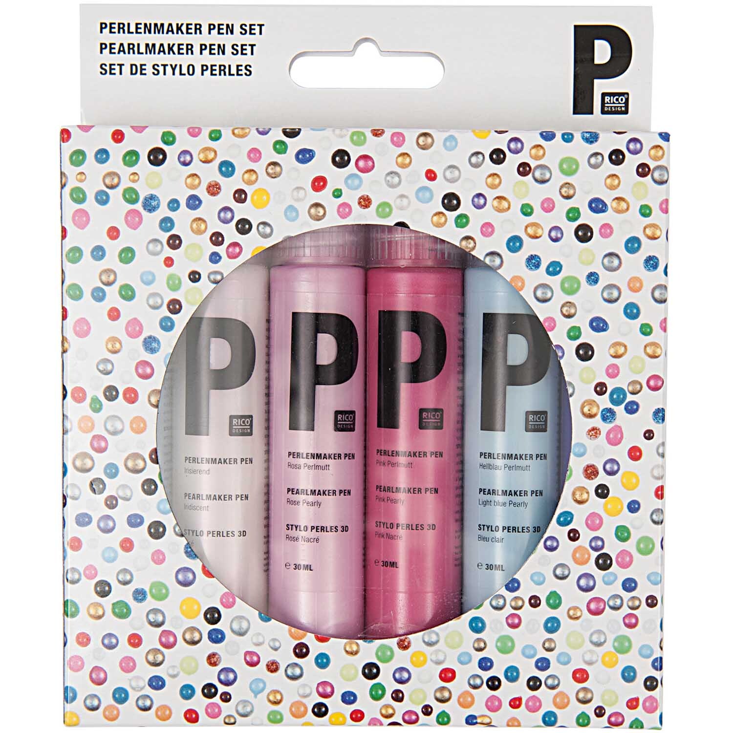 Perlenmaker Pen Set pastell 6x30ml von Rico Design in einer bunten Verpackung mit sechs Stiften.