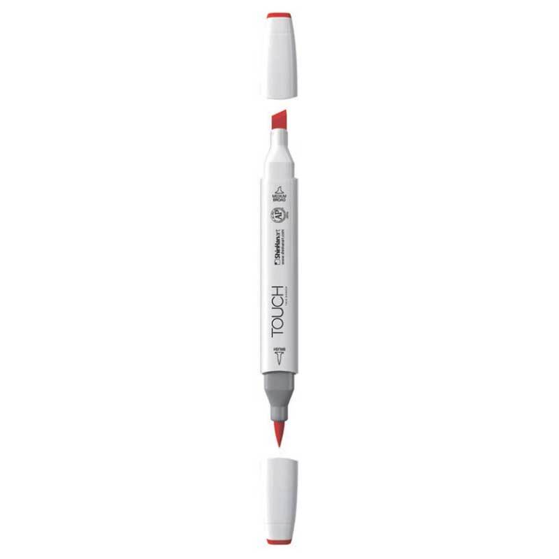 Twin Brush Marker mit zwei Spitzen, ideal für präzises Zeichnen. Abgebildet in Weiß mit roten Akzenten. Marke: TOUCH.