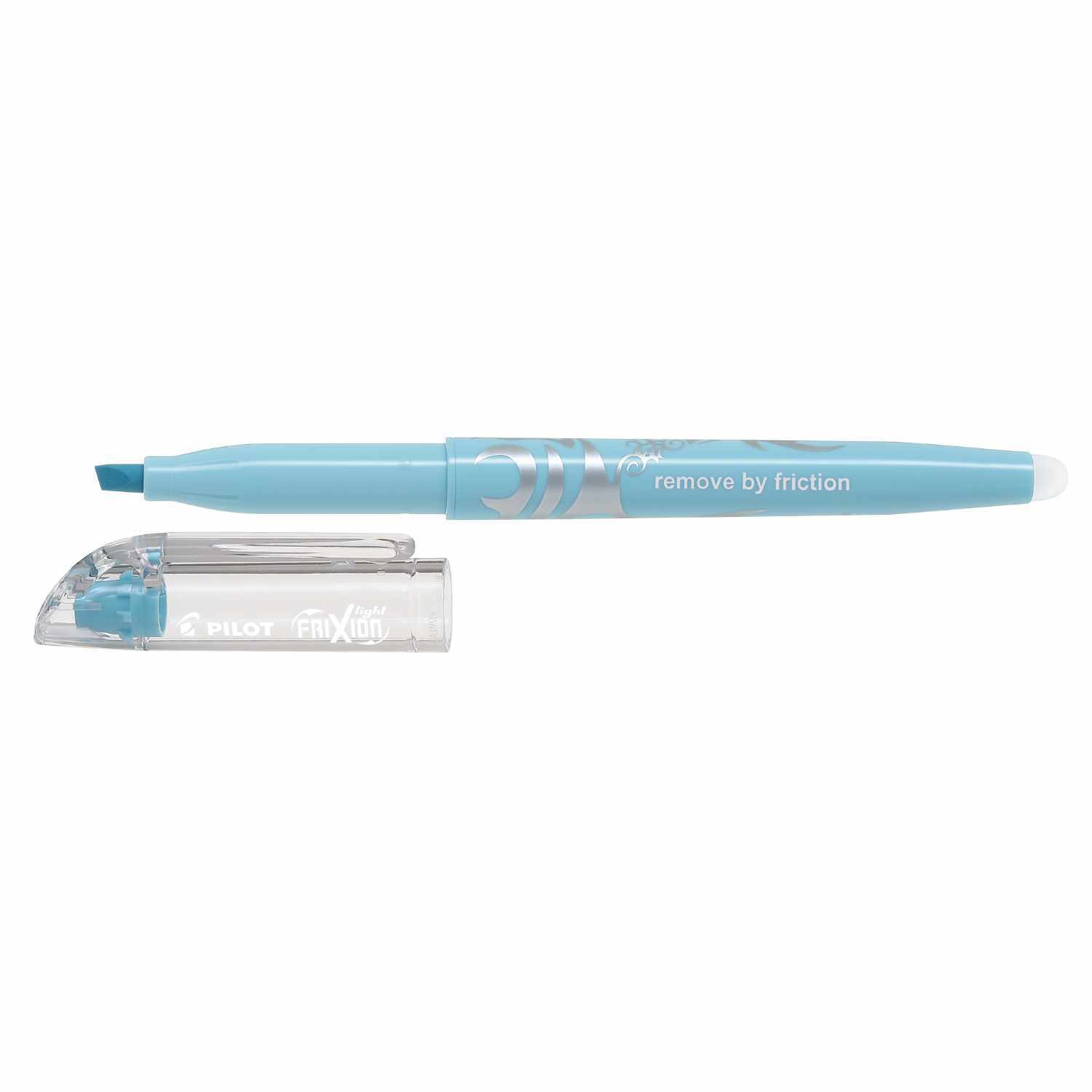 Frixion Light Soft Textmarker in Blau von PILOT, abgebildet mit abnehmbarem Deckel und Keilspitze.
