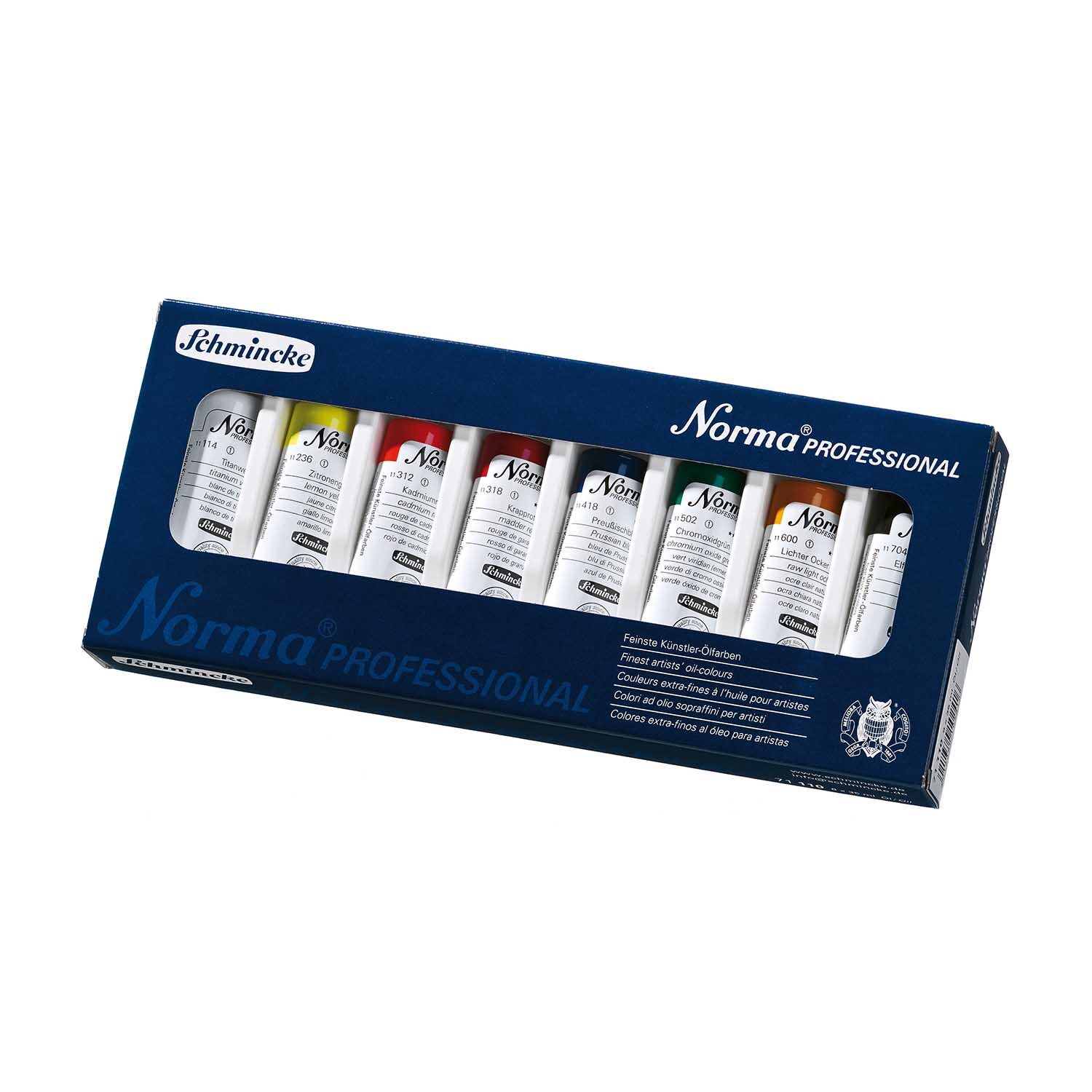 Norma Professional Set 8x20ml von Schmincke mit acht mehrfarbigen Tuben in einer blauen Verpackung.