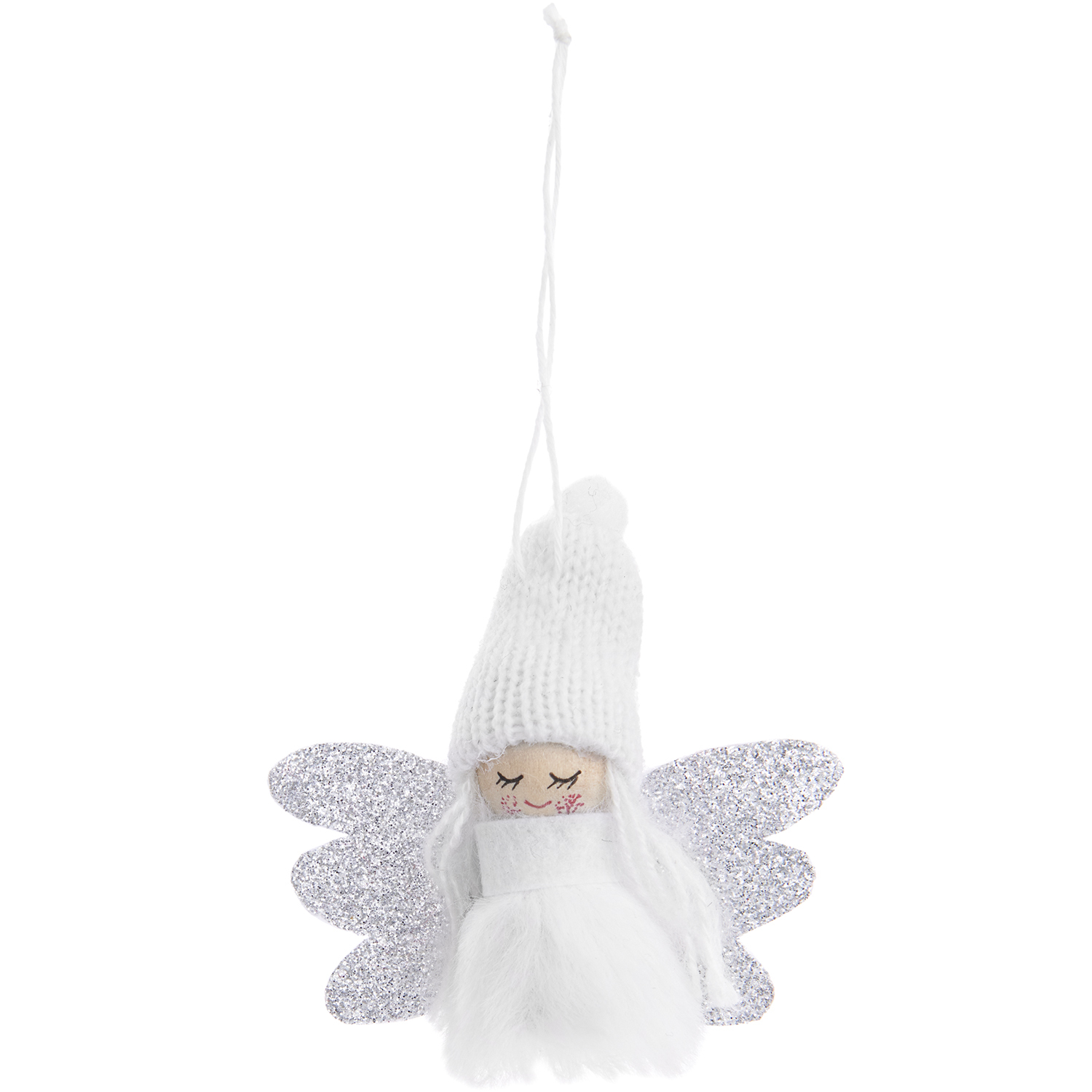 Wichtel mit Flügeln in Weiß-Silber von Rico Design, dekorativer Anhänger mit glitzernden Flügeln und gestrickter Mütze.
