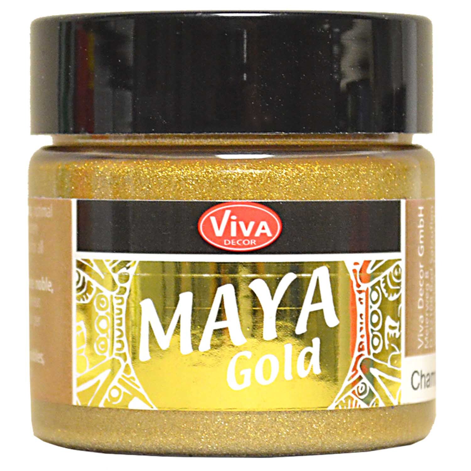 Maya Gold 45ml von Viva Decor in Champagner, ein glänzendes Farbglas mit dekorativem Etikett.