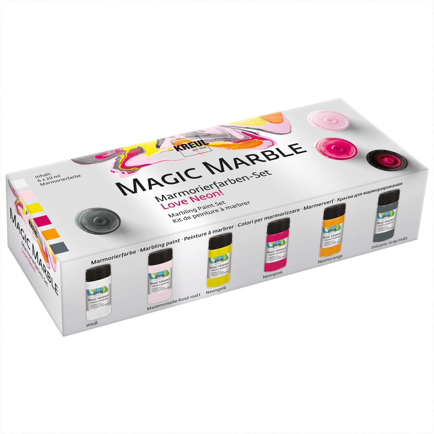 Magic Marble Marmorierfarben Set Love Neon 6x20ml von KREUL mit sechs leuchtenden Farben in einer weißen Verpackung. Ideal für kreative Projekte.