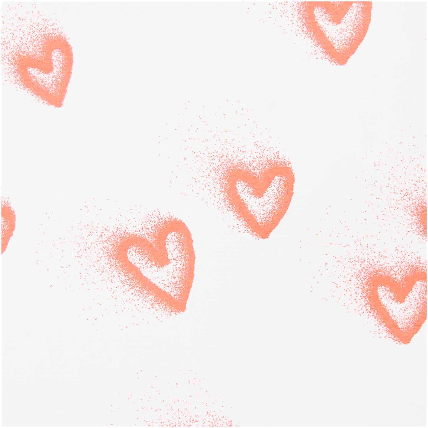 Paper Poetry Geschenkpapier mit neonroten Sprayherzen auf weißem Hintergrund von Rico Design. Ideal für kreative Geschenkverpackungen.