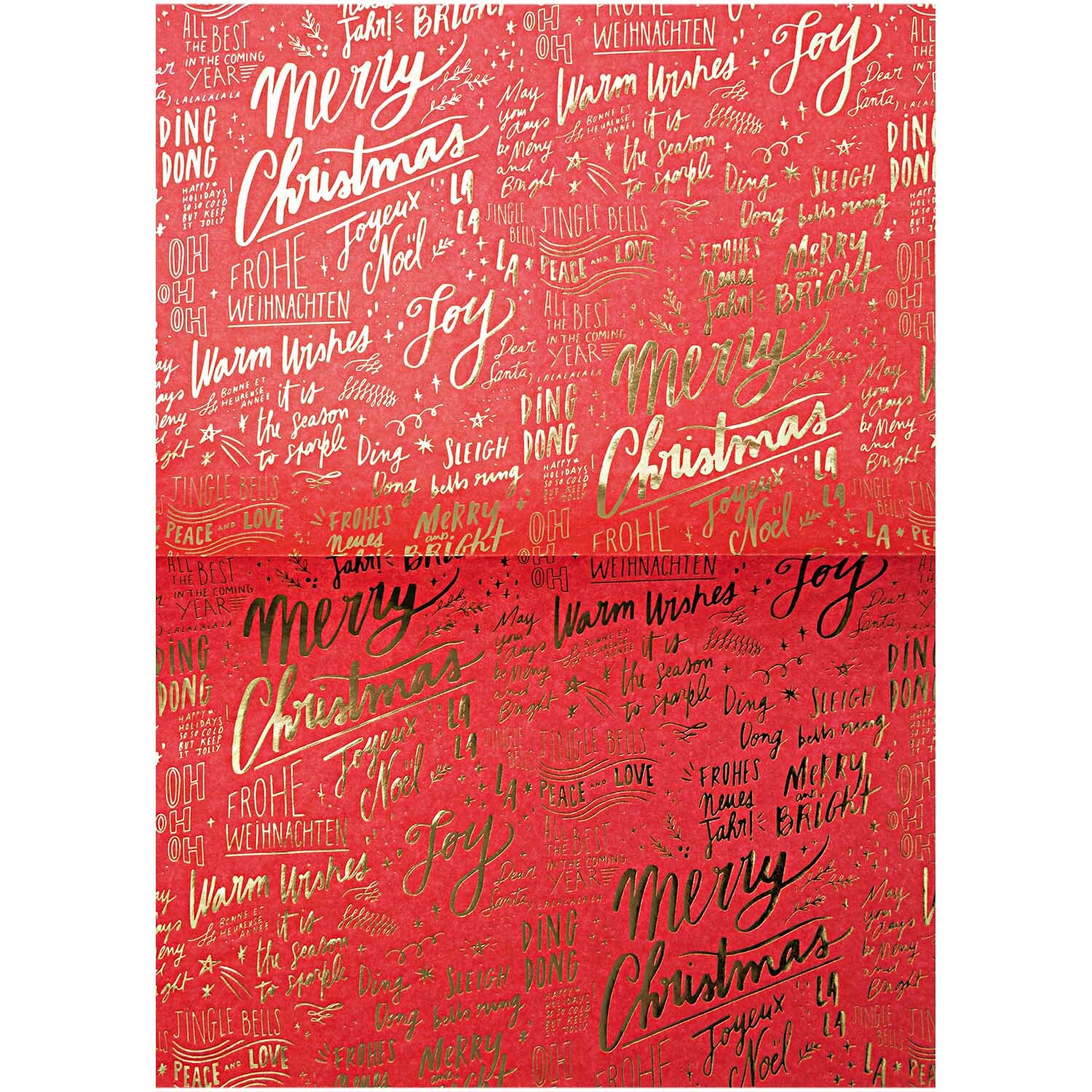 Paper Patch Papier Schrift Jolly Christmas 30x42cm mit festlichen, goldenen Weihnachtsgrüßen auf rotem Hintergrund. Ideal für kreative Projekte.
