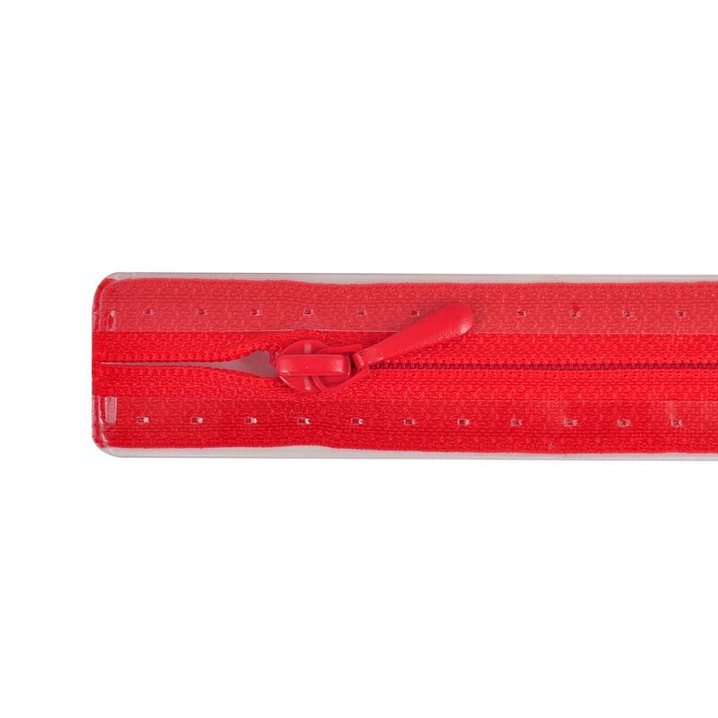 Reißverschluss S2 rot 25cm von Prym, Nahaufnahme eines roten Reißverschlusses mit Schieber. Ideal für Nähprojekte.