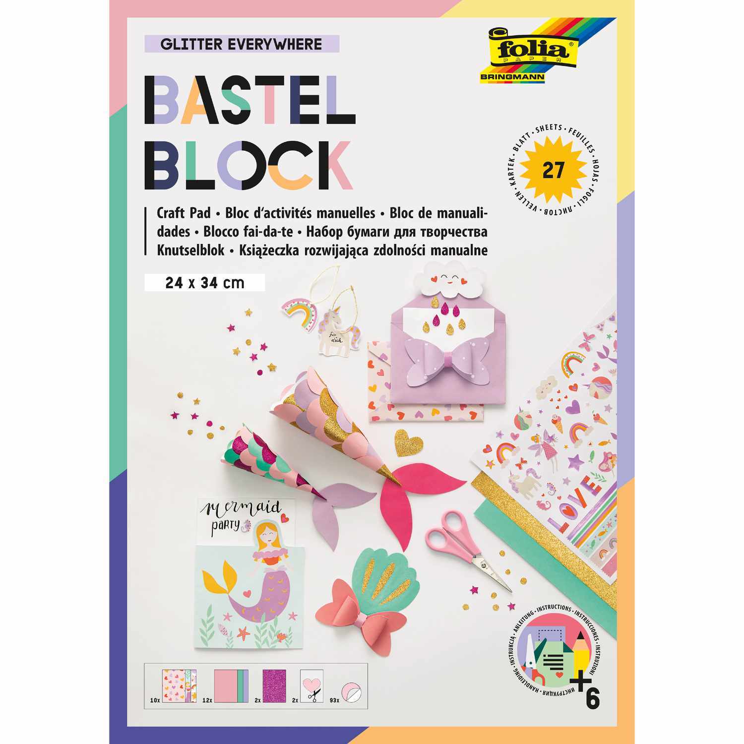 Folia Bastelblock Glitter Everywhere, 24x34cm. Bunte Bastelmaterialien und Werkzeuge auf dem Cover.