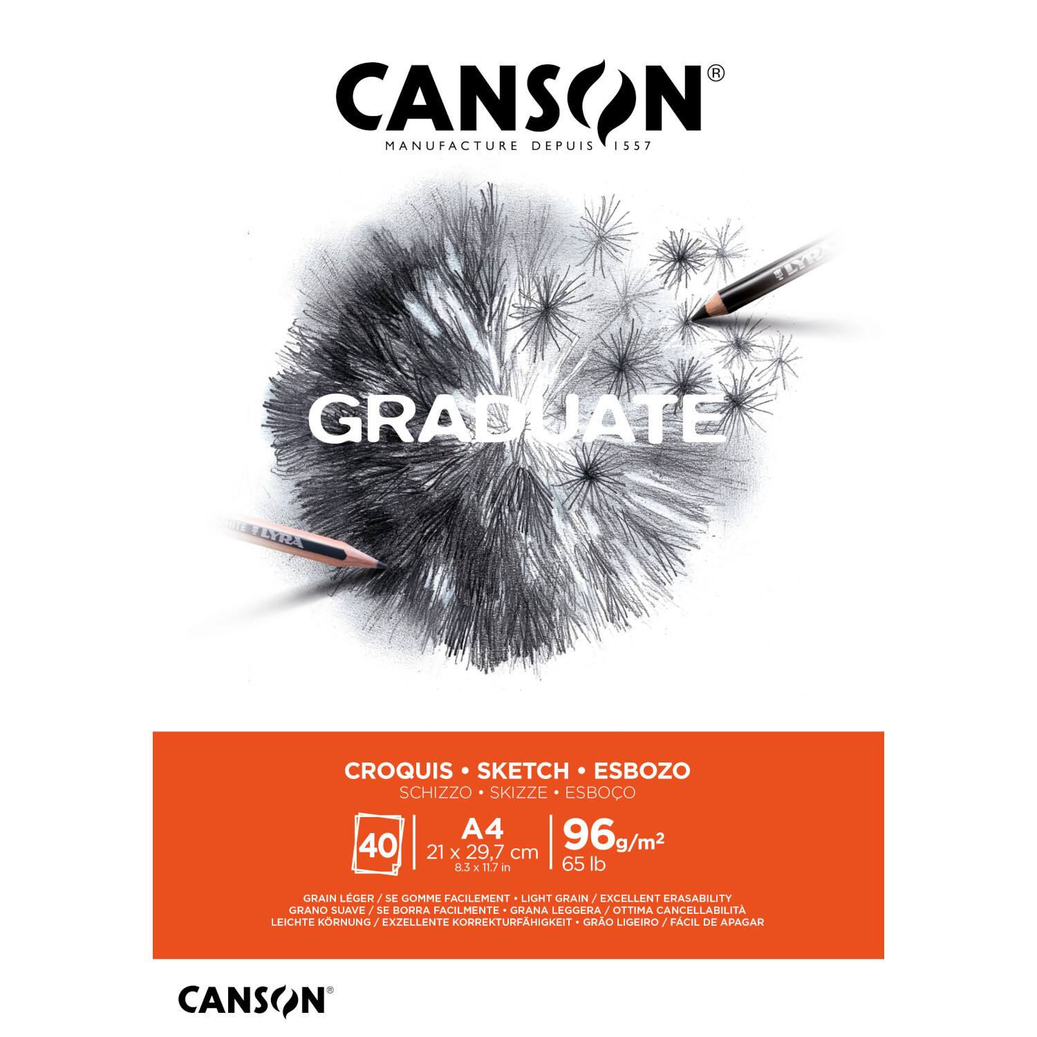 Graduate Skizzenpapier Block 40 Blatt, DIN A4 96g/m², ideal für Zeichnungen. Canson-Logo oben.
