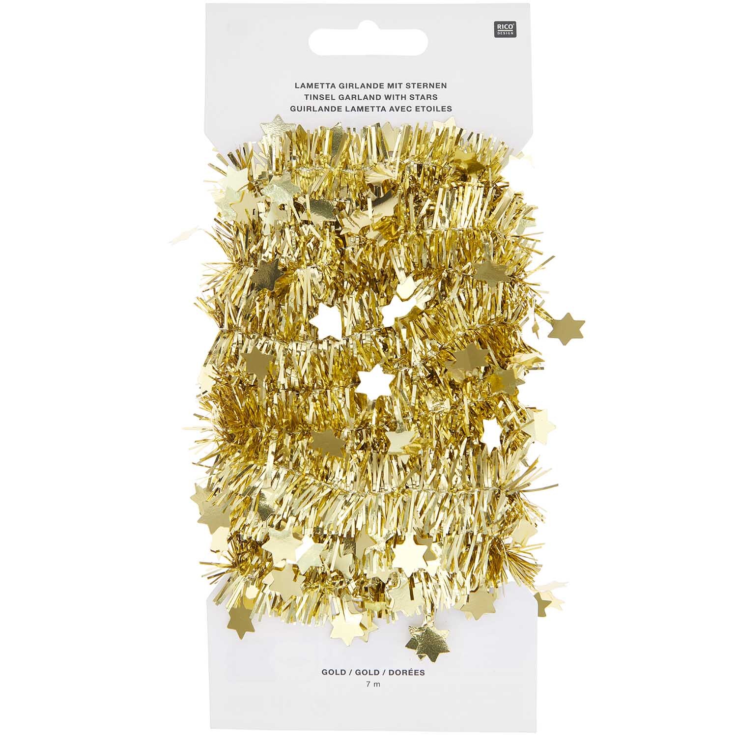Girlande Lametta mit Sternen 7m von Rico Design in Gold, dekorativ verpackt auf weißem Hintergrund. Ideal für festliche Anlässe.