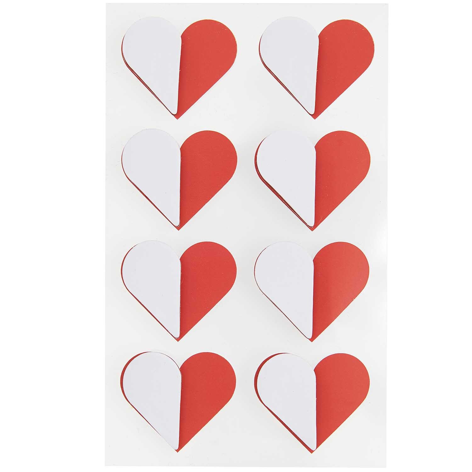 Paper Poetry Wabenpapiersticker Herzen, rot-weiß, von Rico Design auf einem Blatt angeordnet. Ideal für kreative Bastelprojekte.