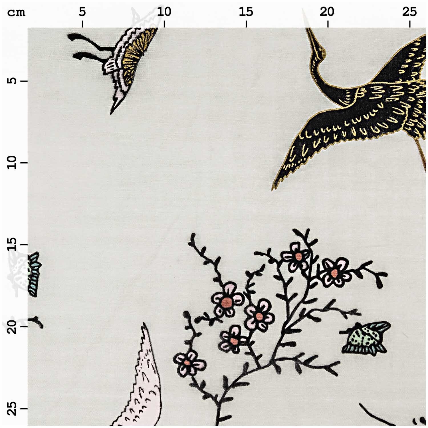 Musselin-Druckstoff Jardin Japonais Kraniche grau-gold 140cm von Rico Design