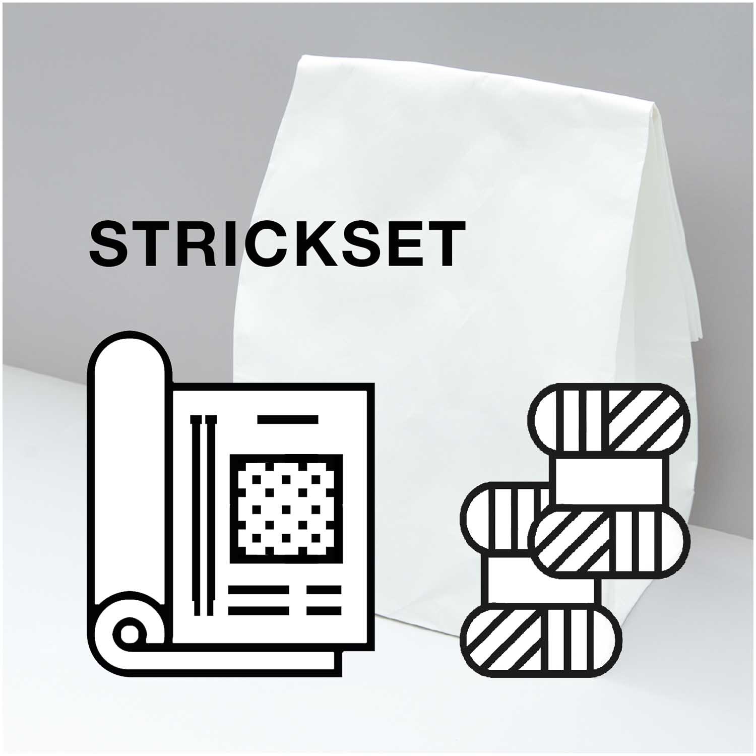 Strickset mit Anleitung und Garnrollen, ideal für kreative Strickprojekte und Handarbeiten.