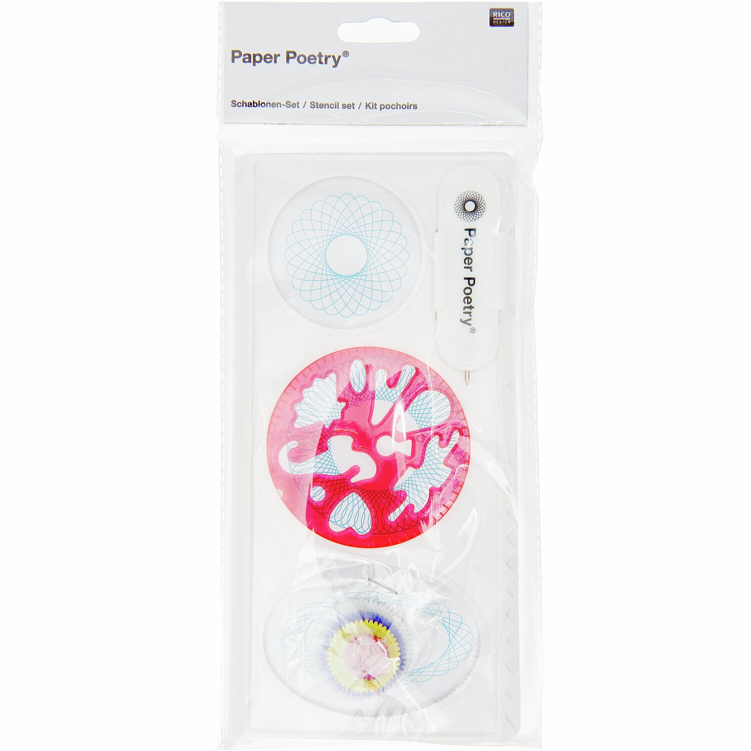 Paper Poetry Schablonen Set Mandala 23x11cm zeigt bunte Mandala-Schablonen von Rico Design in einer transparenten Verpackung.