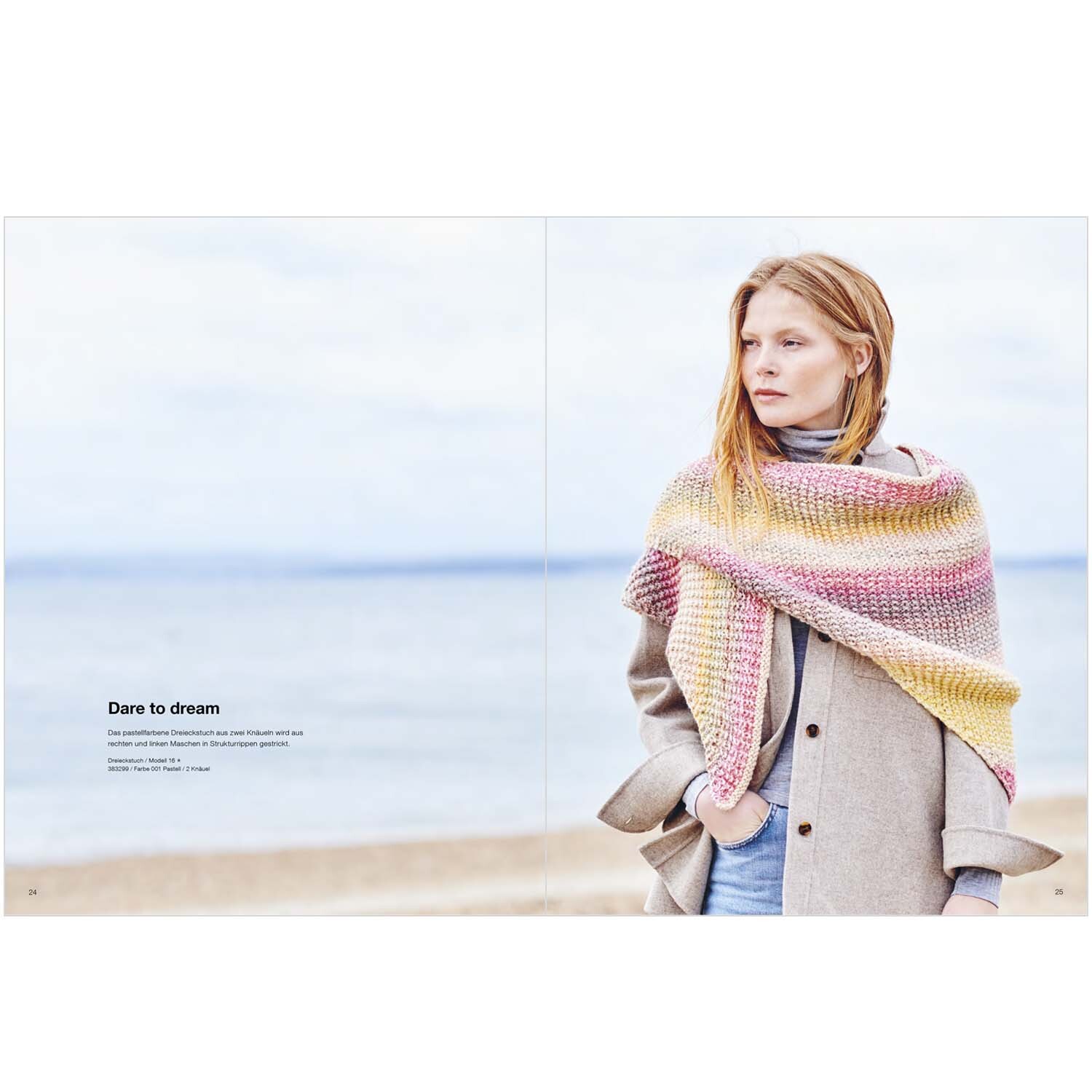Chic Unique Special: Frau am Strand mit pastellfarbenem Schal von Rico Design, Blick aufs Meer.