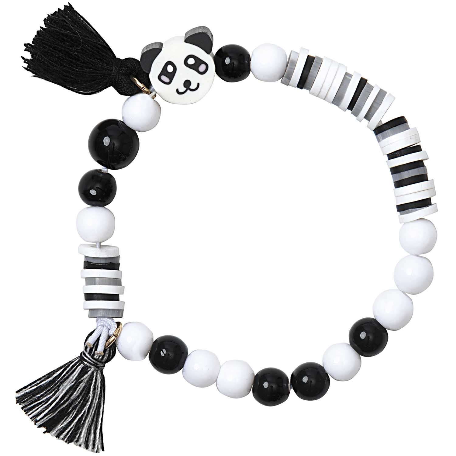 Mini Perlen Armband Set in Schwarz-Weiß von Rico Design mit Panda-Motiv und Quaste.