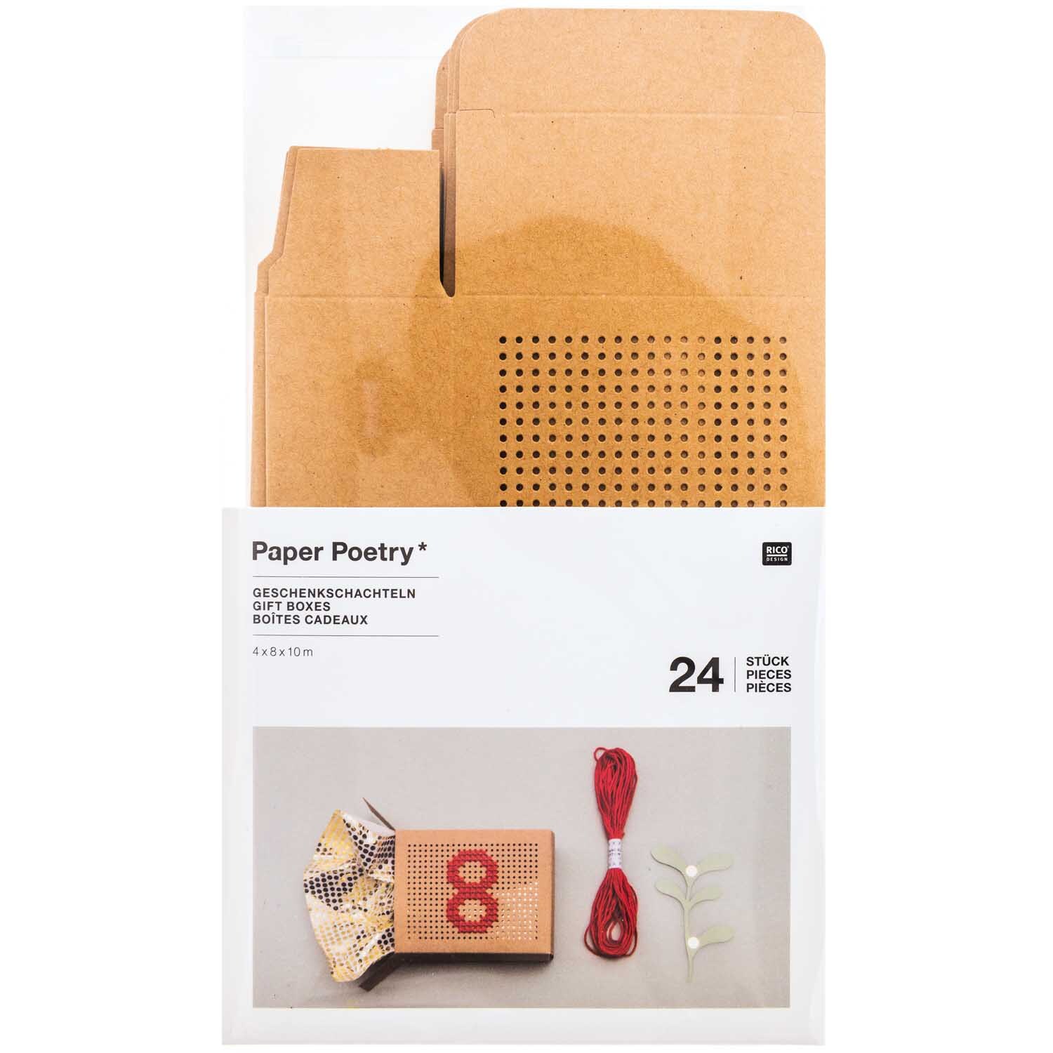 Paper Poetry Adventskalender Boxen zum Besticken aus Naturmaterialien, ideal für kreative DIY-Projekte, mit rotem Garn und gesticktem Design.