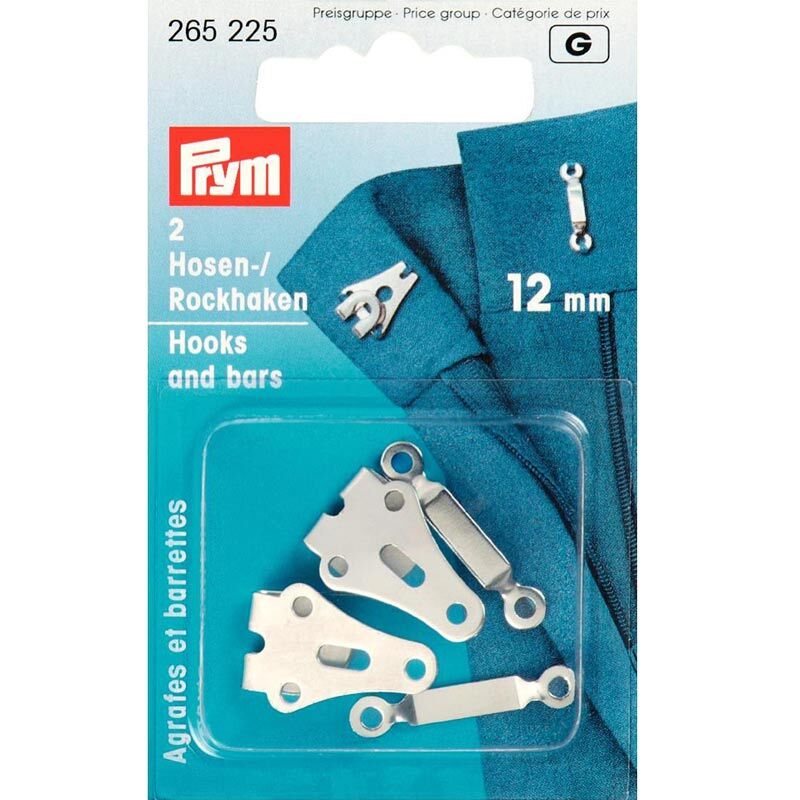 Hosen- und Rockhaken silber 12mm 2 Stück von Prym, abgebildet auf einer blauen Verpackung mit Produktdetails.