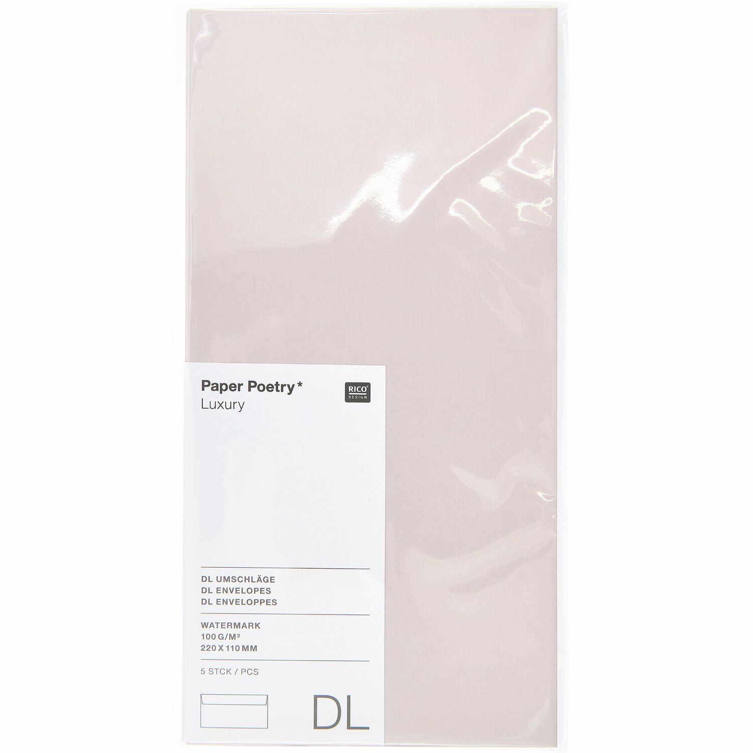 Paper Poetry Luxury Umschläge in Rosa, 5 Stück von Rico Design, elegant verpackt in DIN Lang Format.
