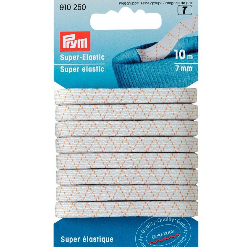 Super-Elastic Gummi weiß 7mm 10m von Prym, auf einer Verpackung mit blauen und weißen Details.