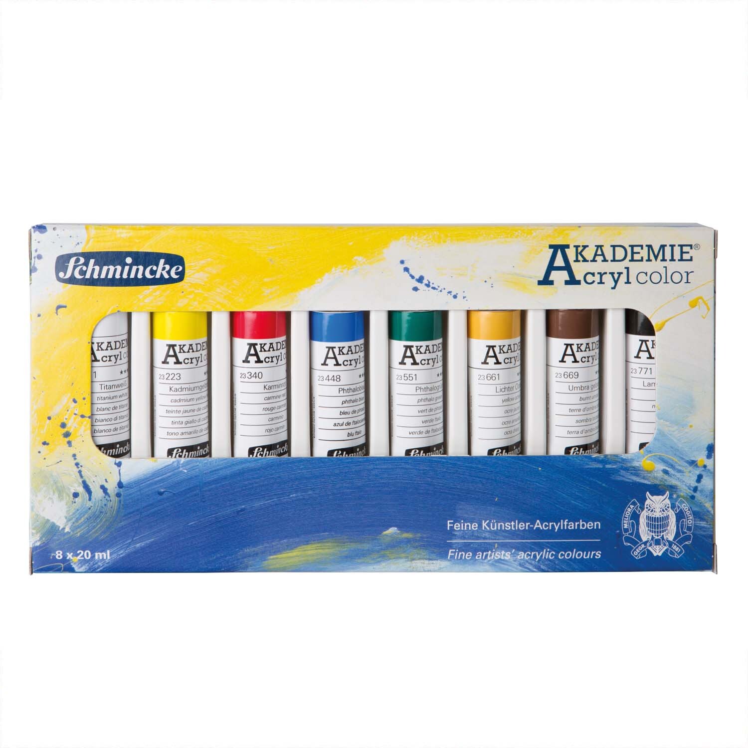 Akademie Acryl Set 8x20ml von Schmincke mit acht mehrfarbigen Tuben in einer dekorativen Verpackung. Ideal für Künstler.
