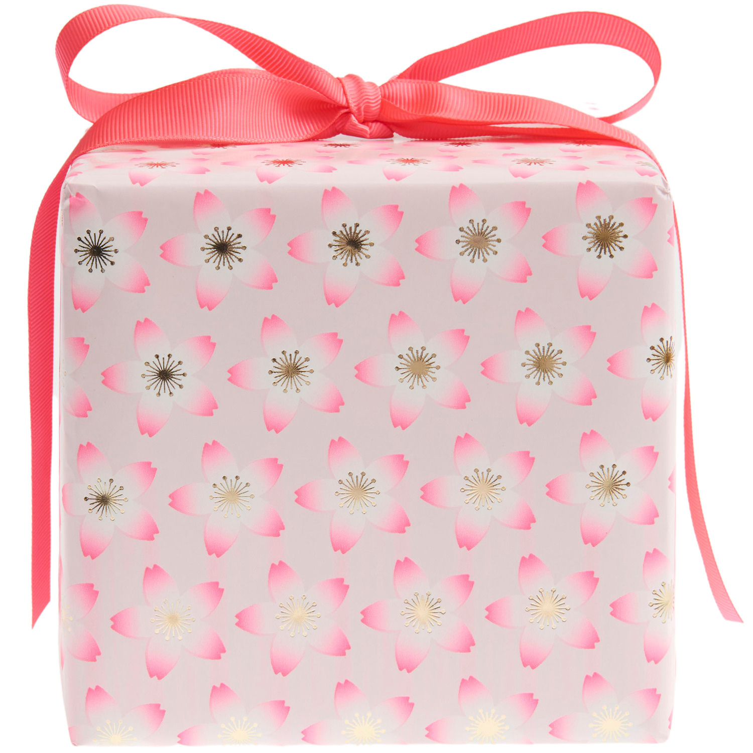 Geschenkpapier Kirschblüten Pink mit zartem Blütenmuster, verpackt mit rosa Schleife, 70cm x 2m. Ideal für stilvolle Geschenke.