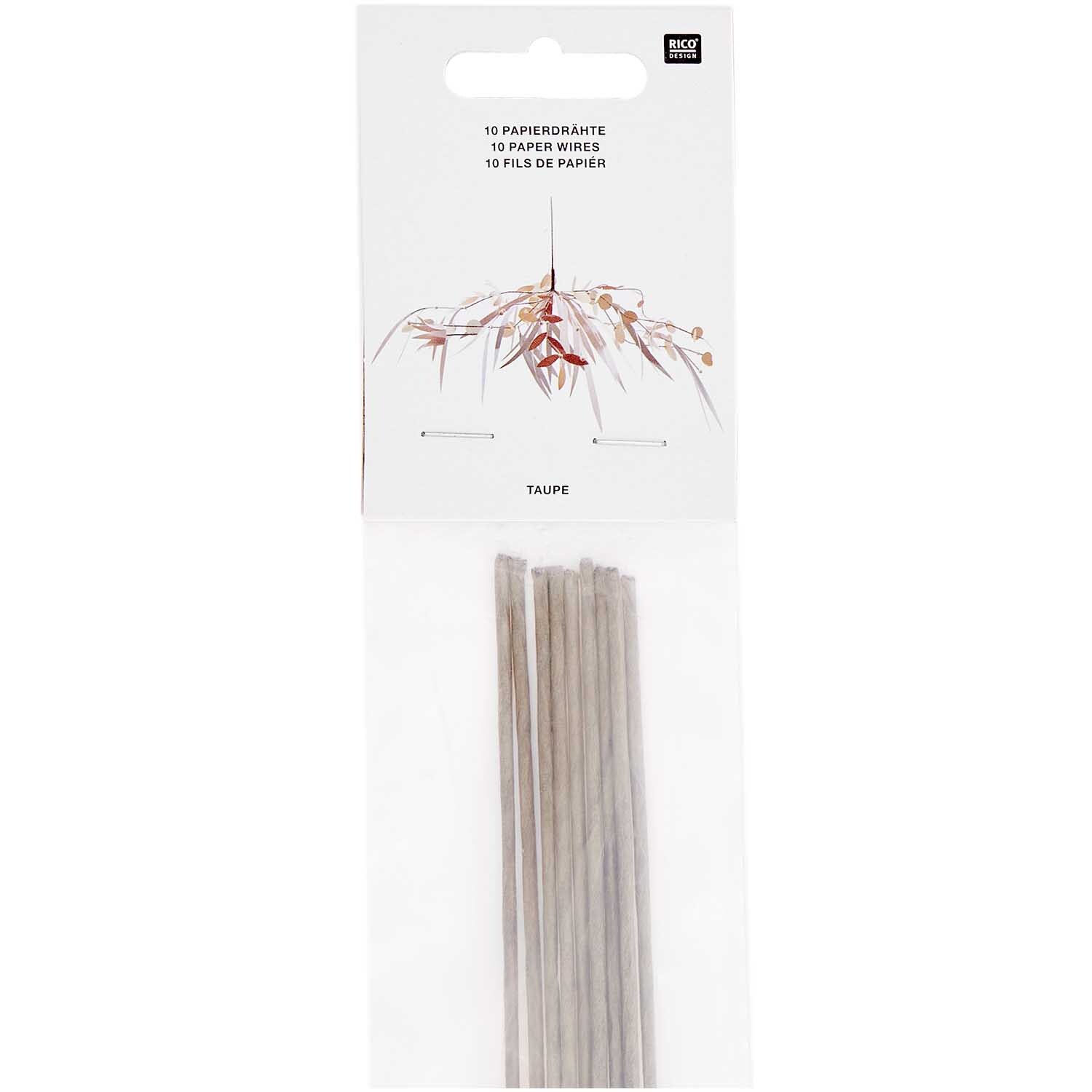 Papierdraht 1,8mm 1m 10 Stück von Rico Design in Taupe, verpackt in einer transparenten Tüte. Ideal für kreative Bastelprojekte.