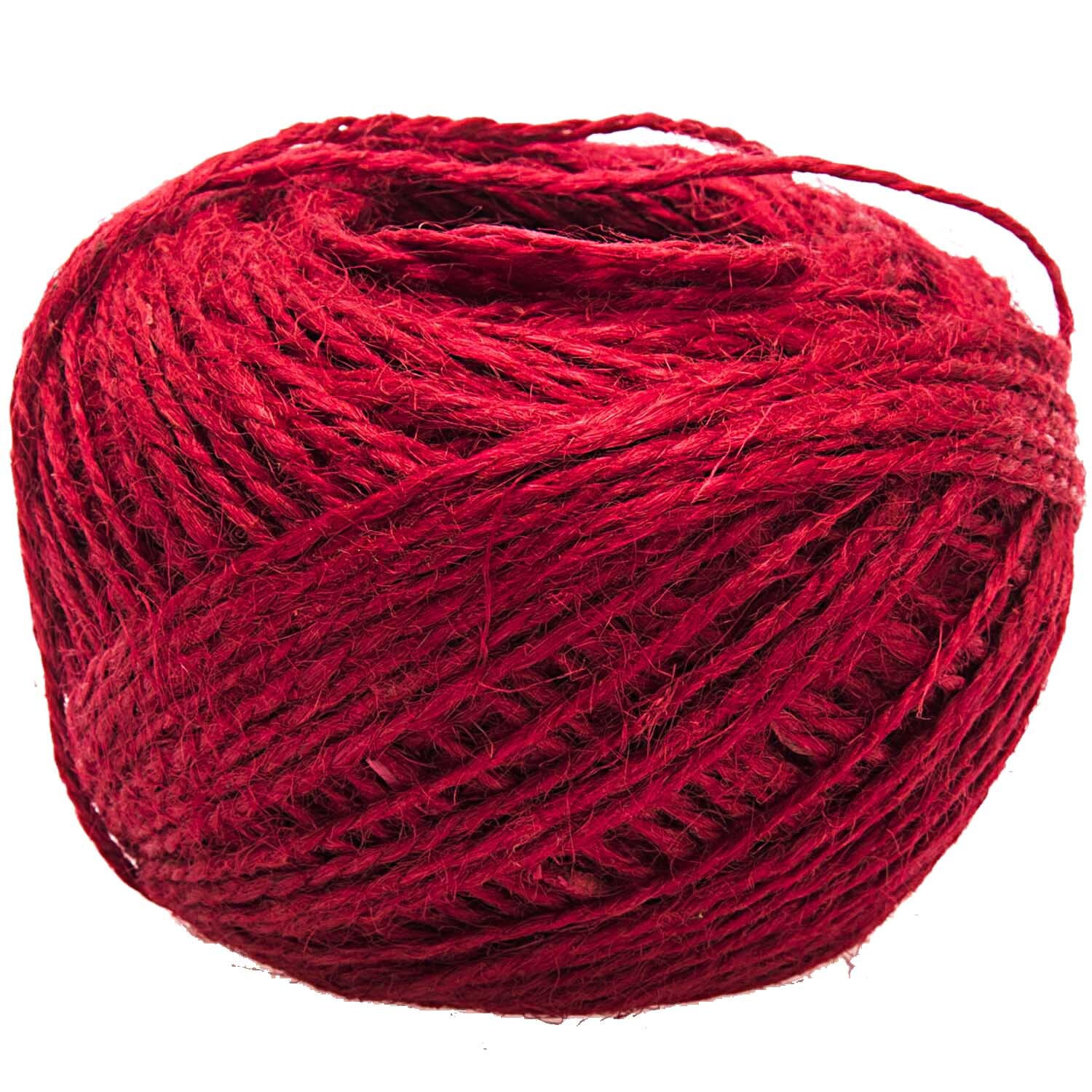 Juteschnur rot 2mm 50m: Rote Juteschnur von idee. Creativmarkt, aufgerollt zu einem kompakten Knäuel. Ideal für kreative Projekte.