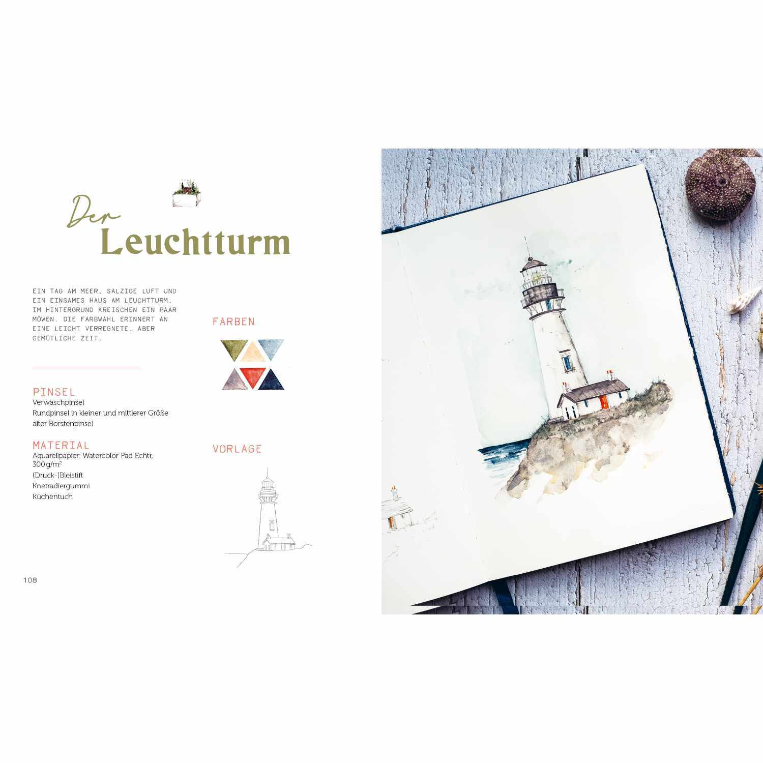 Boho Watercolor: Aquarellbild eines Leuchtturms auf Klippe, mit Pinsel und Farbpalette daneben.