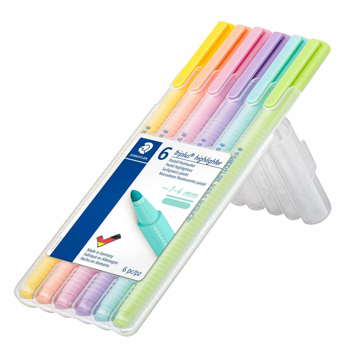 362 Textmarker Triplus Highlighter Pastell 6 Stück von Staedtler in verschiedenen Farben in einer transparenten Verpackung.