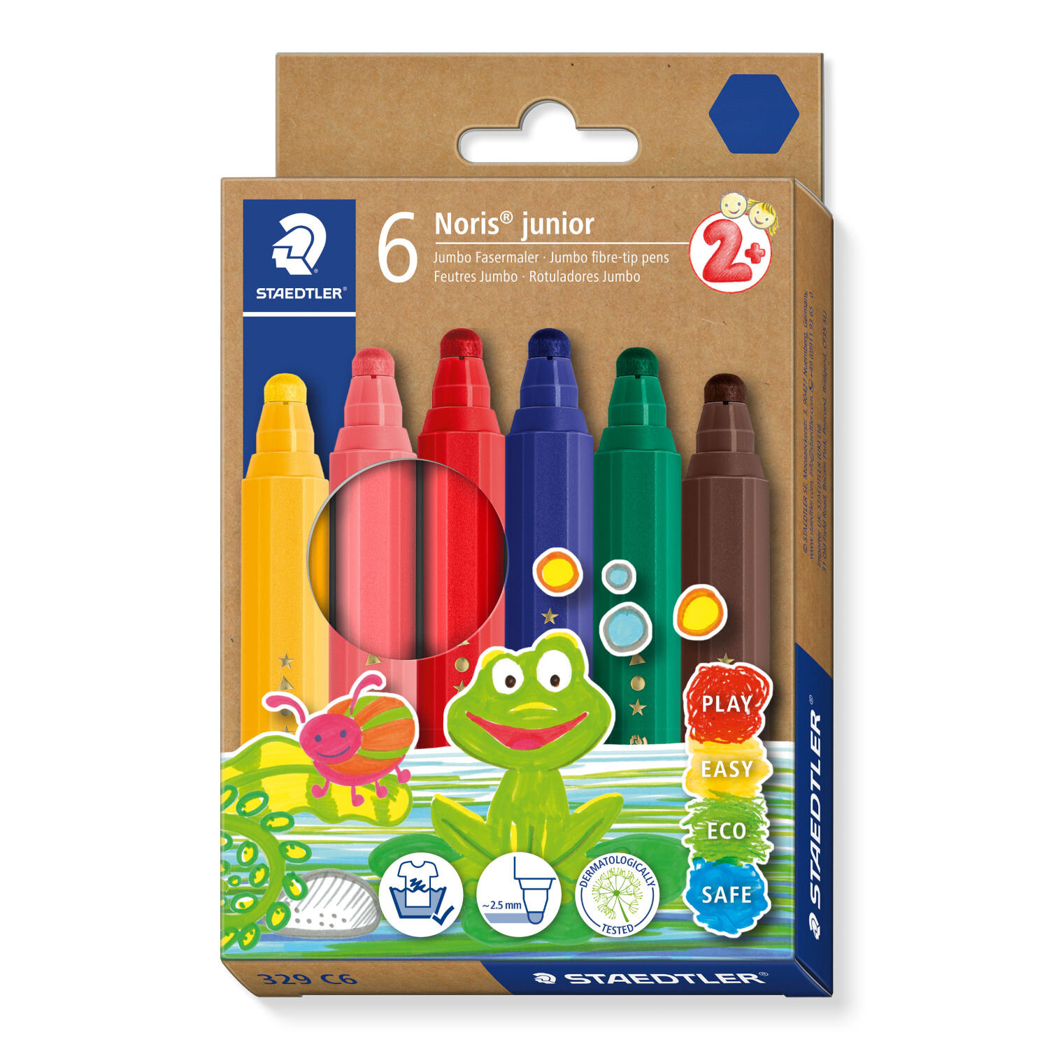 Noris Junior Fasermaler Set 6 Stück, Staedtler, bunte Jumbo-Filzstifte in Kartonverpackung mit Frosch-Illustration, ideal für Kinder ab 2 Jahren