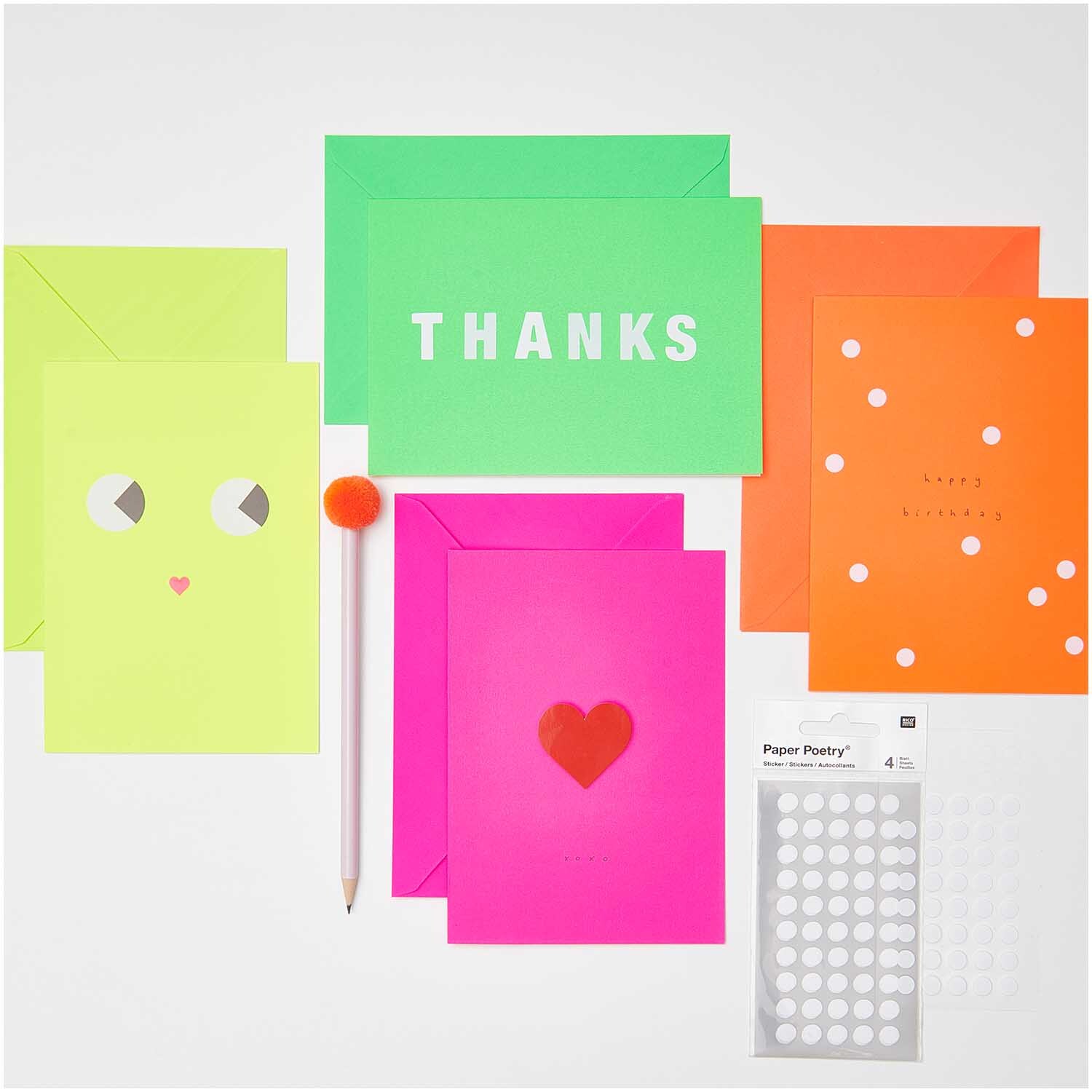 Paper Poetry Kartenset Neon Mix B6/B6: Bunte Karten und Umschläge in Neonfarben mit dekorativen Motiven, ideal für kreative Grüße.