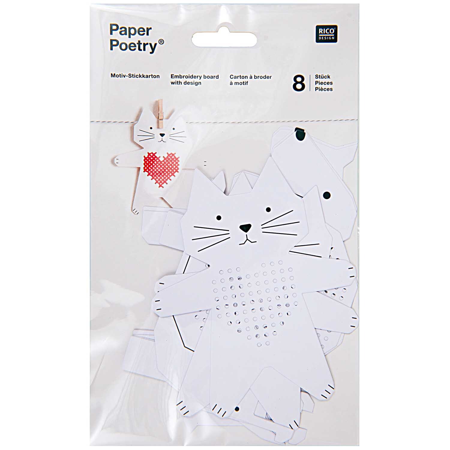 Paper Poetry Stickkarton Hund-Katze-Schnecke-Pferd: Weiße Stickkarten mit Tiermotiven von Rico Design, ideal für kreative Bastelprojekte.