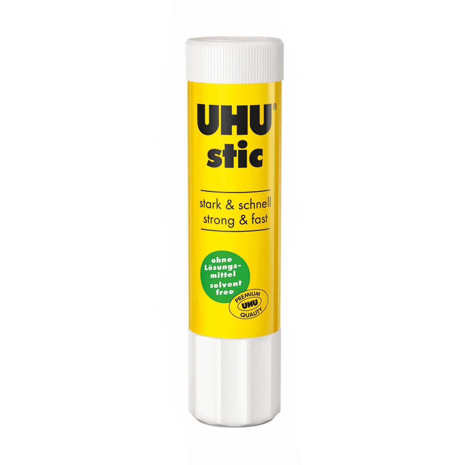Stic Klebestift ohne Lösungsmittel 21g von UHU, gelber Klebestift mit weißer Kappe, ideal für präzises Kleben.