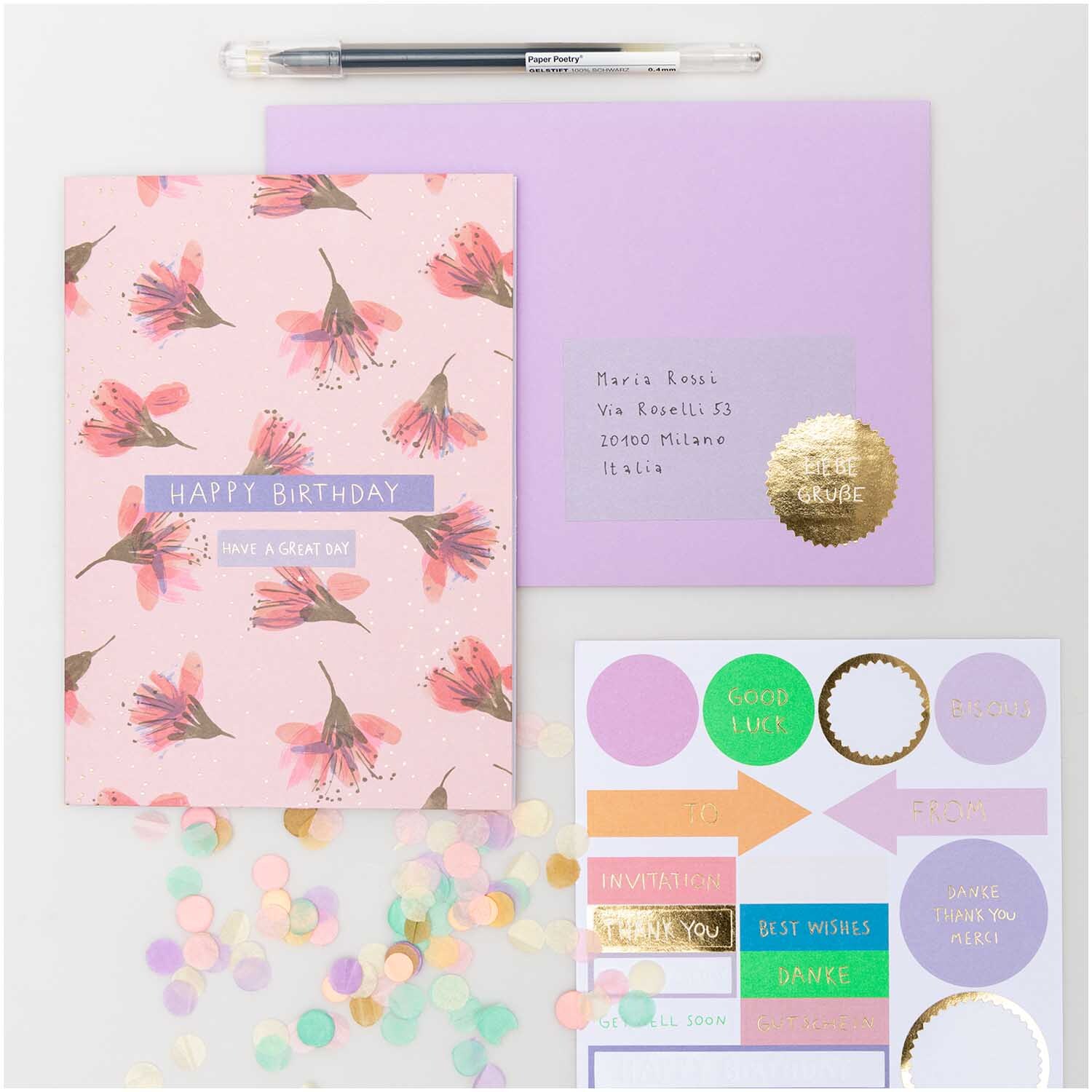 Paper Poetry Grußkartenset Kirschblüten pink mit lila Umschlag, Aufklebern und Stift. Ideal für Geburtstagsgrüße.
