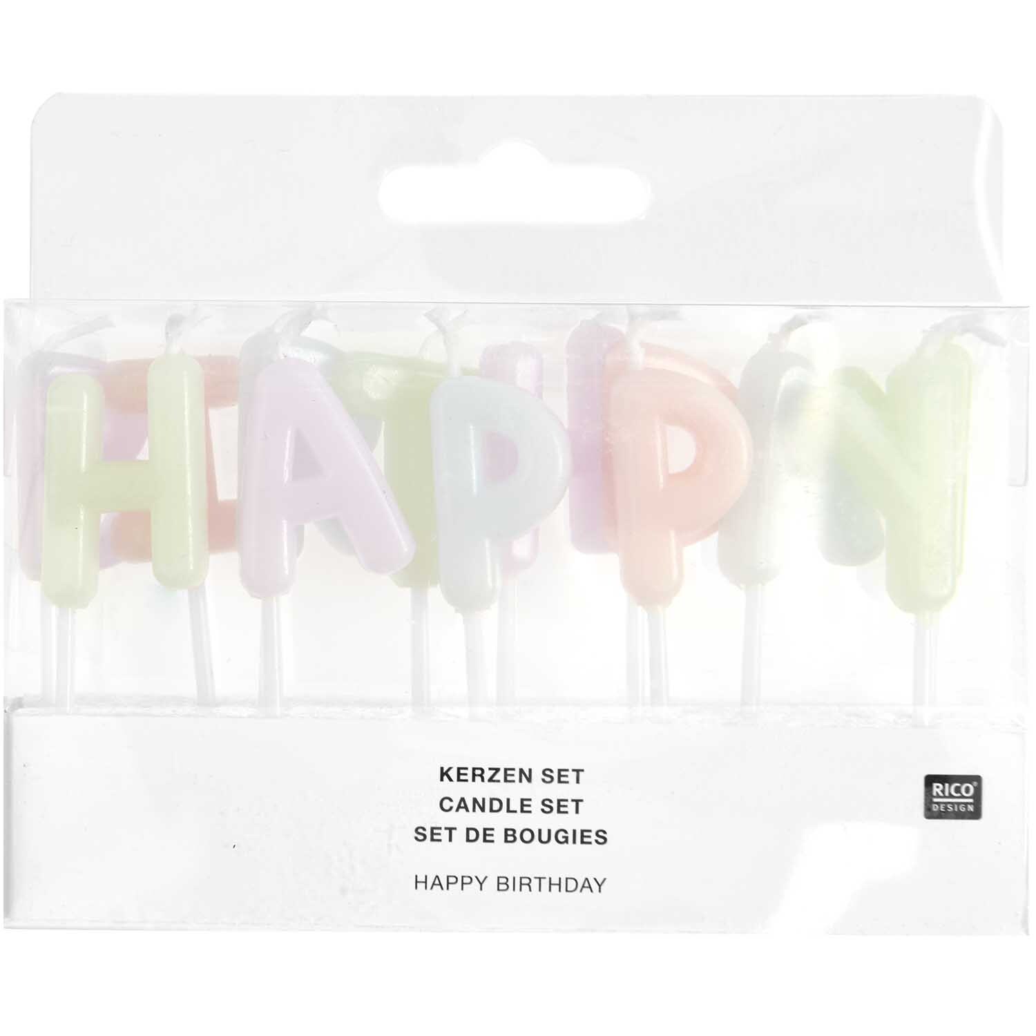 Kerzen Happy Birthday: Pastellfarbene Buchstabenkerzen von Rico Design, 13-teiliges Set, 6 cm hoch.