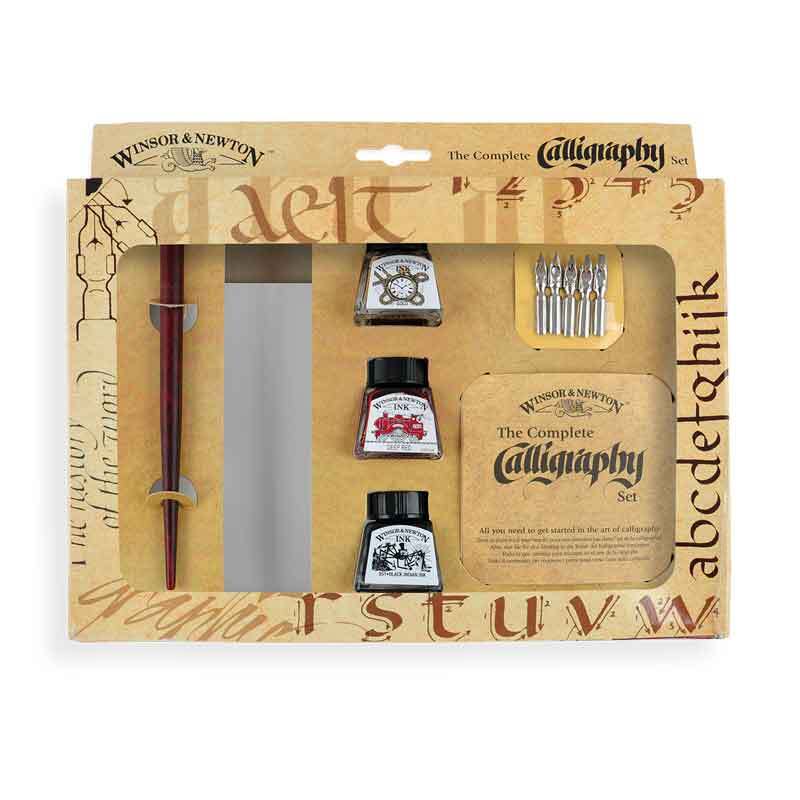 Kalligraphie-Set von Winsor & Newton, 10-teilig, mit Tintenflaschen und Federn in einer dekorativen Verpackung.