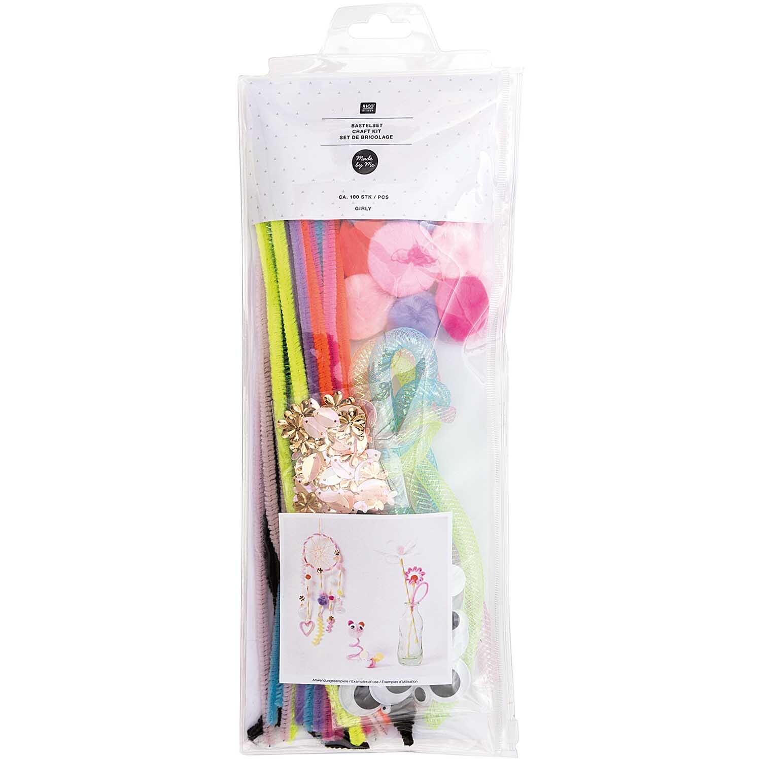 DIY-Bastelset Girly: Ein mehrfarbiges Set von Rico Design mit ca. 100 Teilen, ideal für kreative Projekte. Enthält bunte Bastelmaterialien.