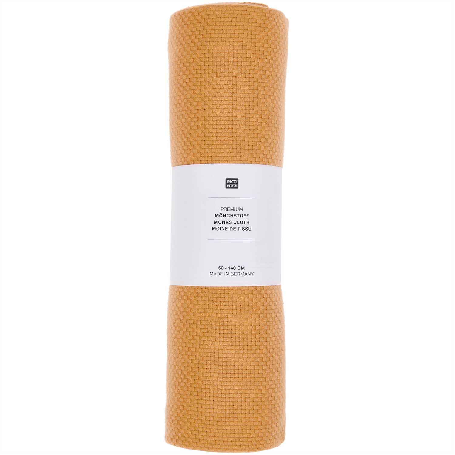 Mönchstoff 4,6 Stiche/cm 50x140cm von Rico Design in Senf, aufgerollt und bereit zur Verwendung.