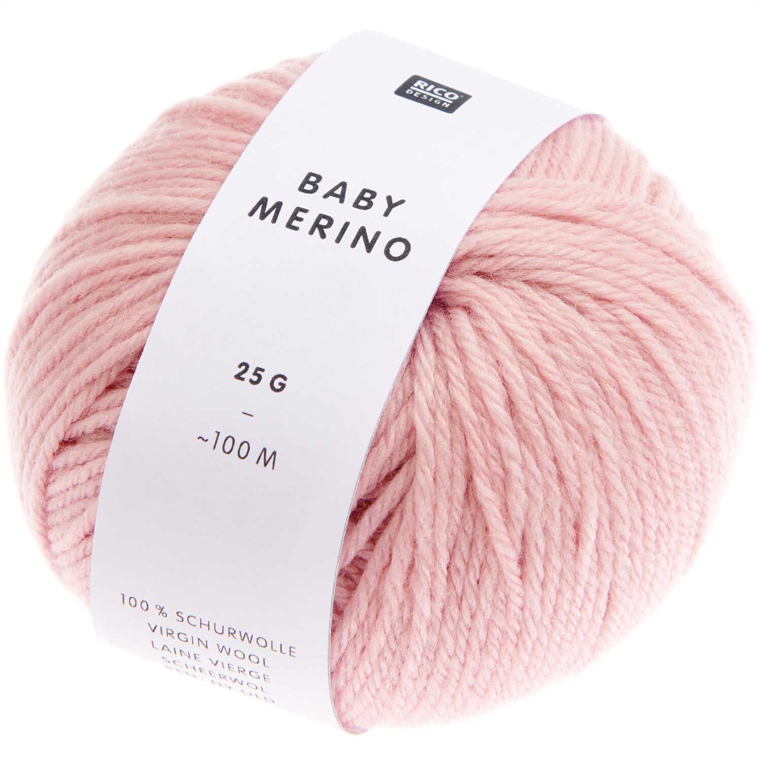 Baby Merino Häkelset Decke Modell 16 zeigt ein weiches rosa Garnknäuel von Rico Design. Ideal für feine Strickprojekte.