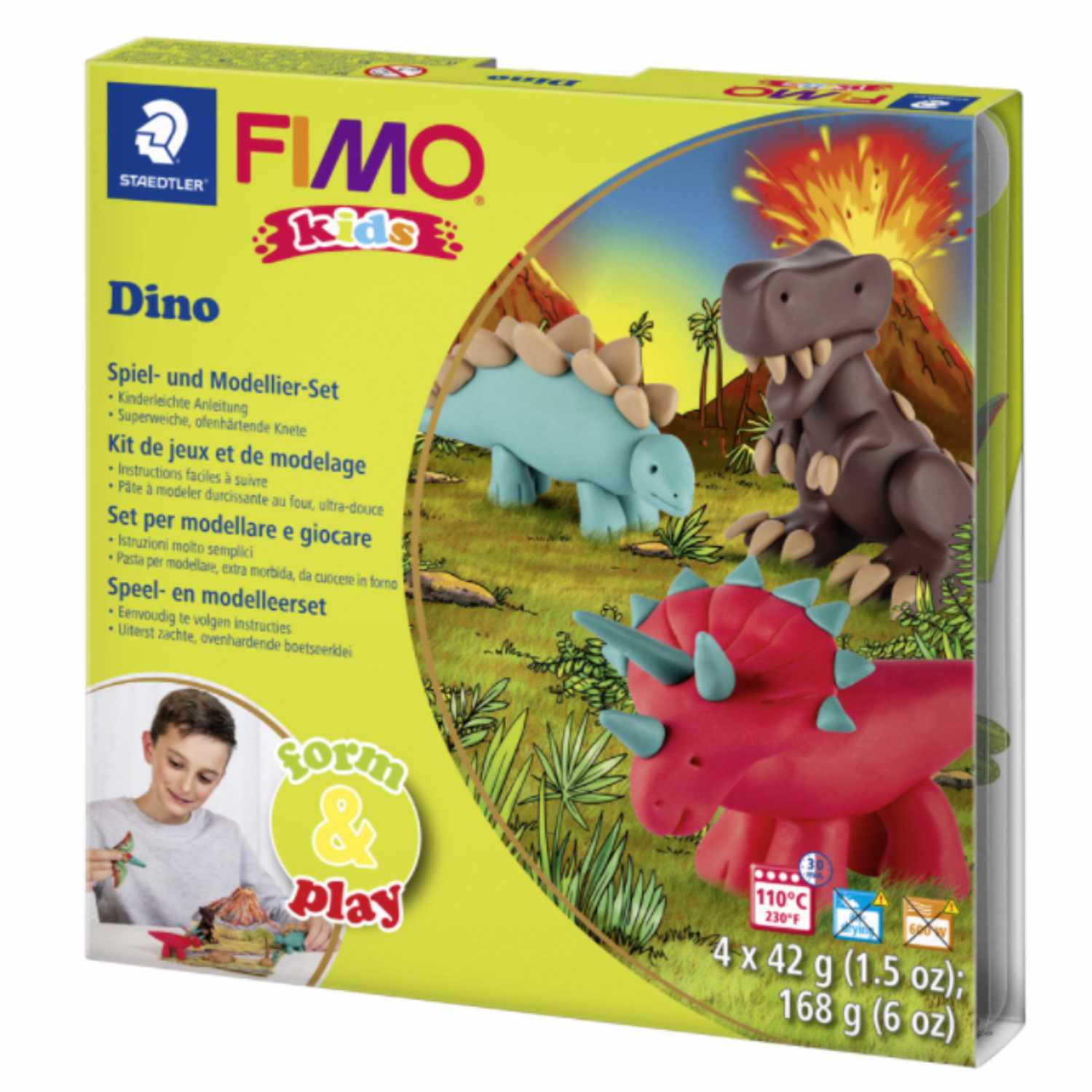 FIMO kids Form & Play Dino: Spiel- und Modellier-Set mit bunten Dinosaurierfiguren von Staedtler. Ideal für kreative Kinder.