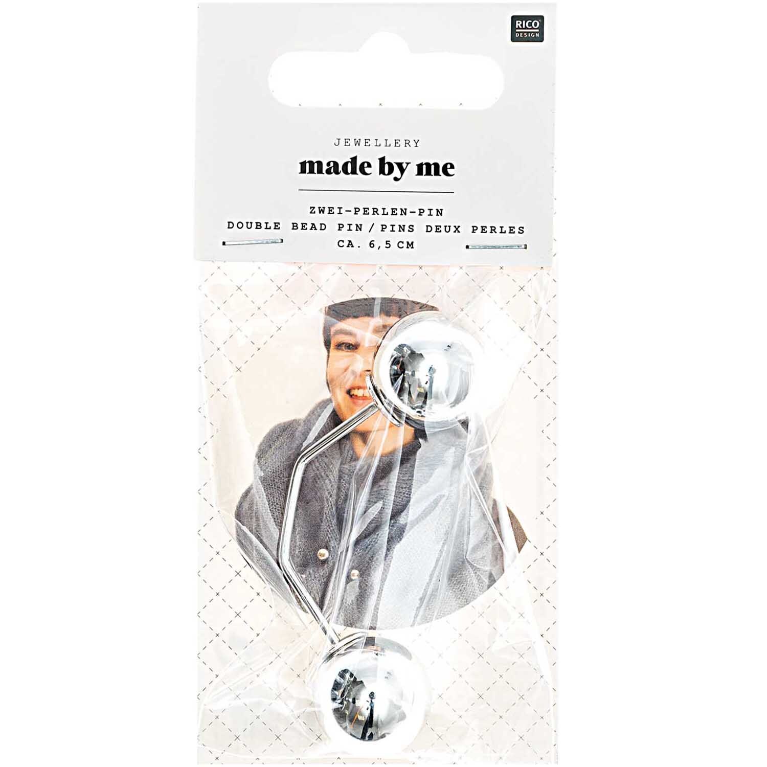 Zwei-Perlen-Pin 65mm von Rico Design in Silber, präsentiert in einer eleganten Verpackung.