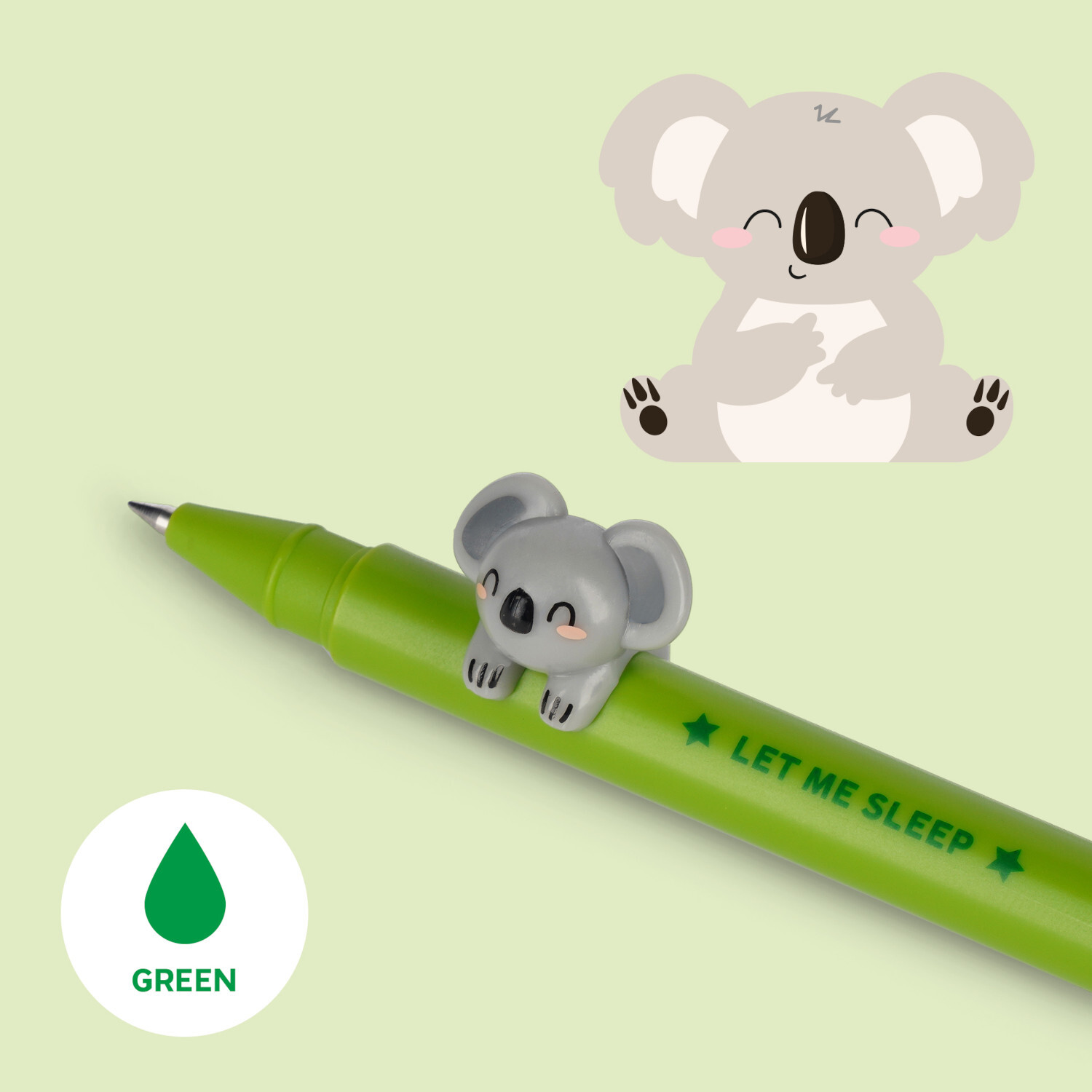 Lovely Friends Gelstift mit Koala-Motiv, grün, von Legami. Der Stift zeigt einen niedlichen Koala und den Schriftzug "Let Me Sleep".