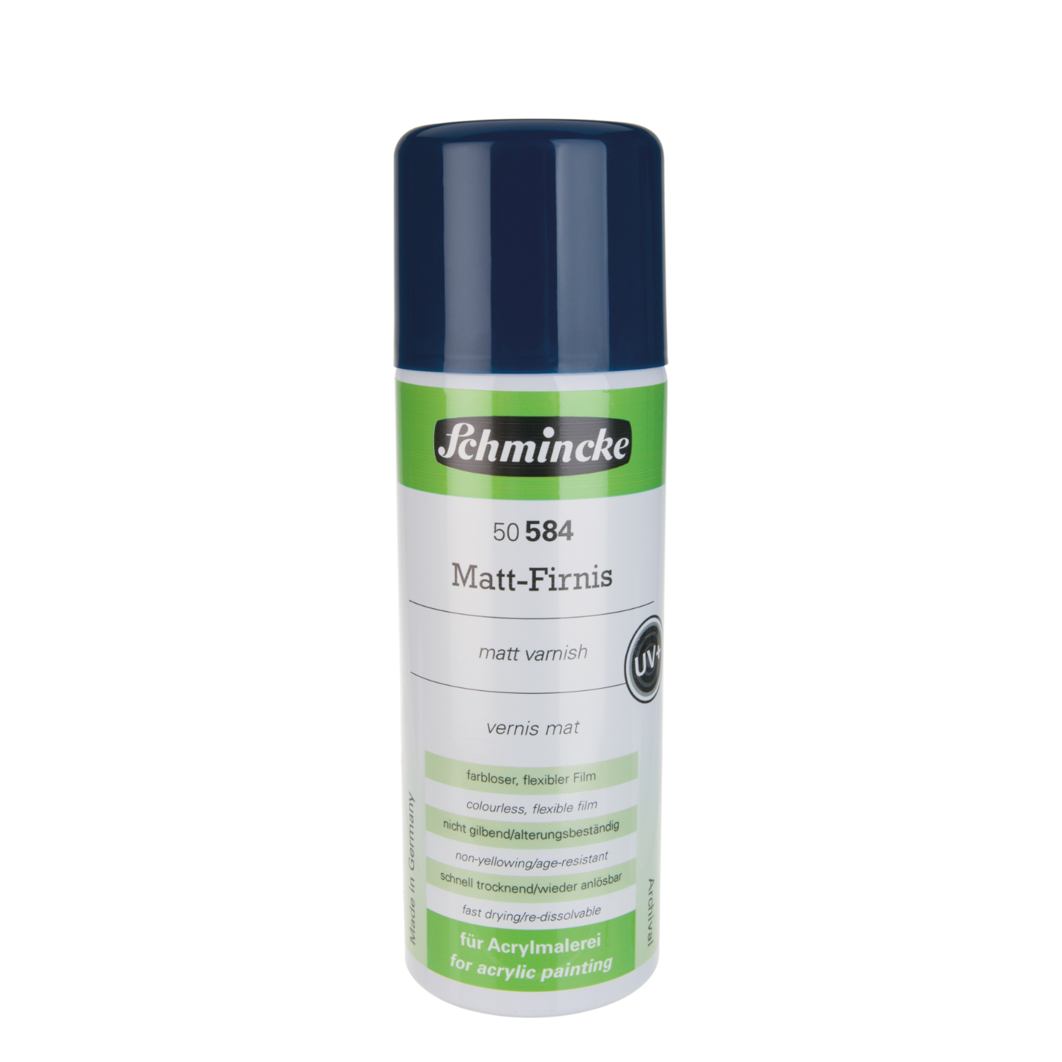 Aerospray Matt-Firnis von Schmincke, 300ml Dose, ideal für Acrylmalerei, mit dunkelblauem Deckel.