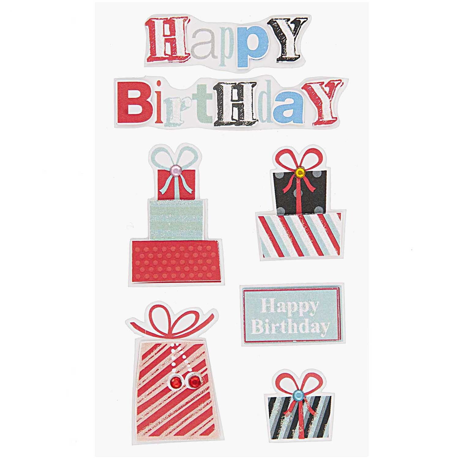 Paper Poetry 3D Sticker Geburtstagsgeschenk von Rico Design zeigt bunte Geschenke und "Happy Birthday"-Schriftzug.