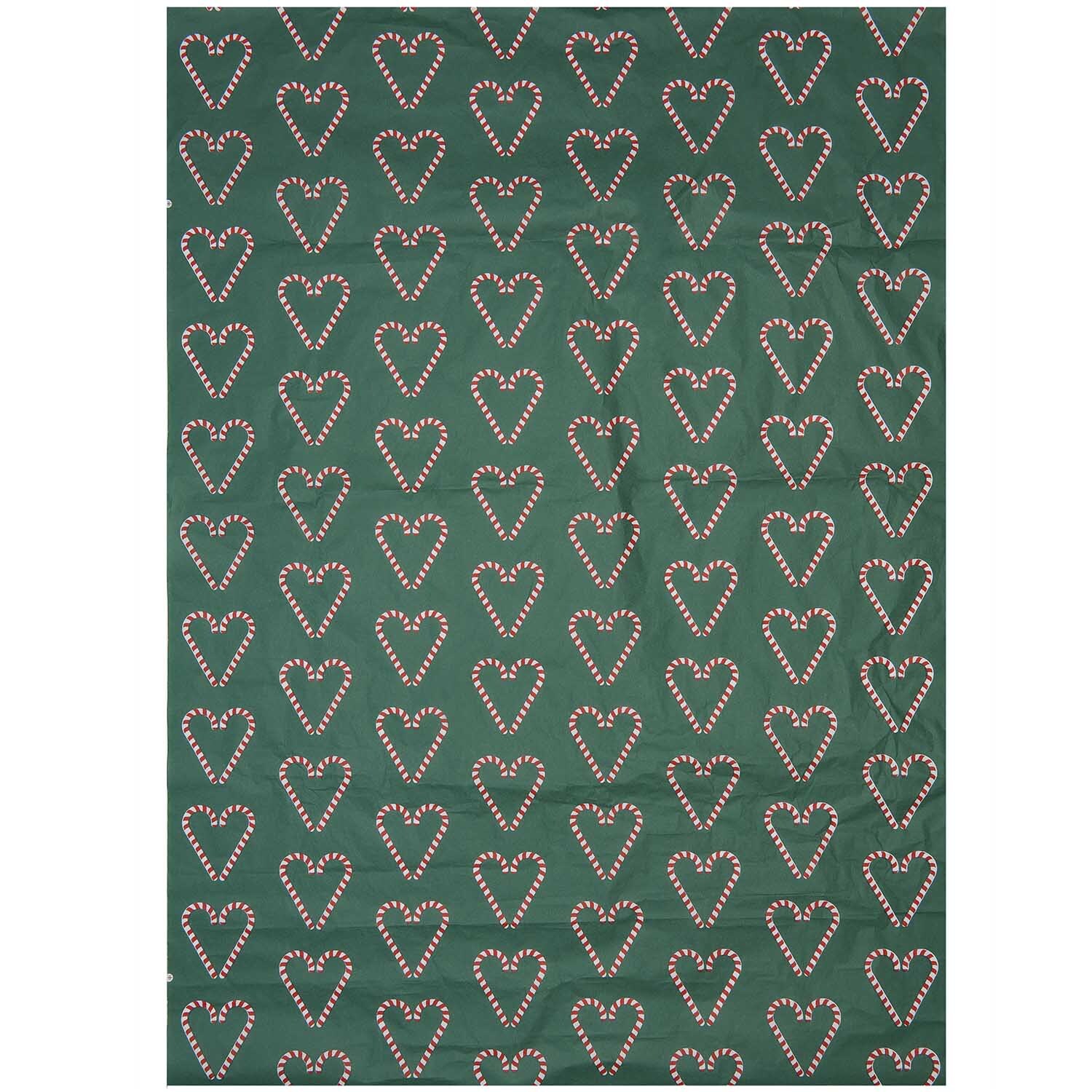 Paper Poetry Seidenpapier mit Zuckerstangen-Herzen auf grünem Hintergrund von Rico Design. Ideal für kreative Verpackungen.