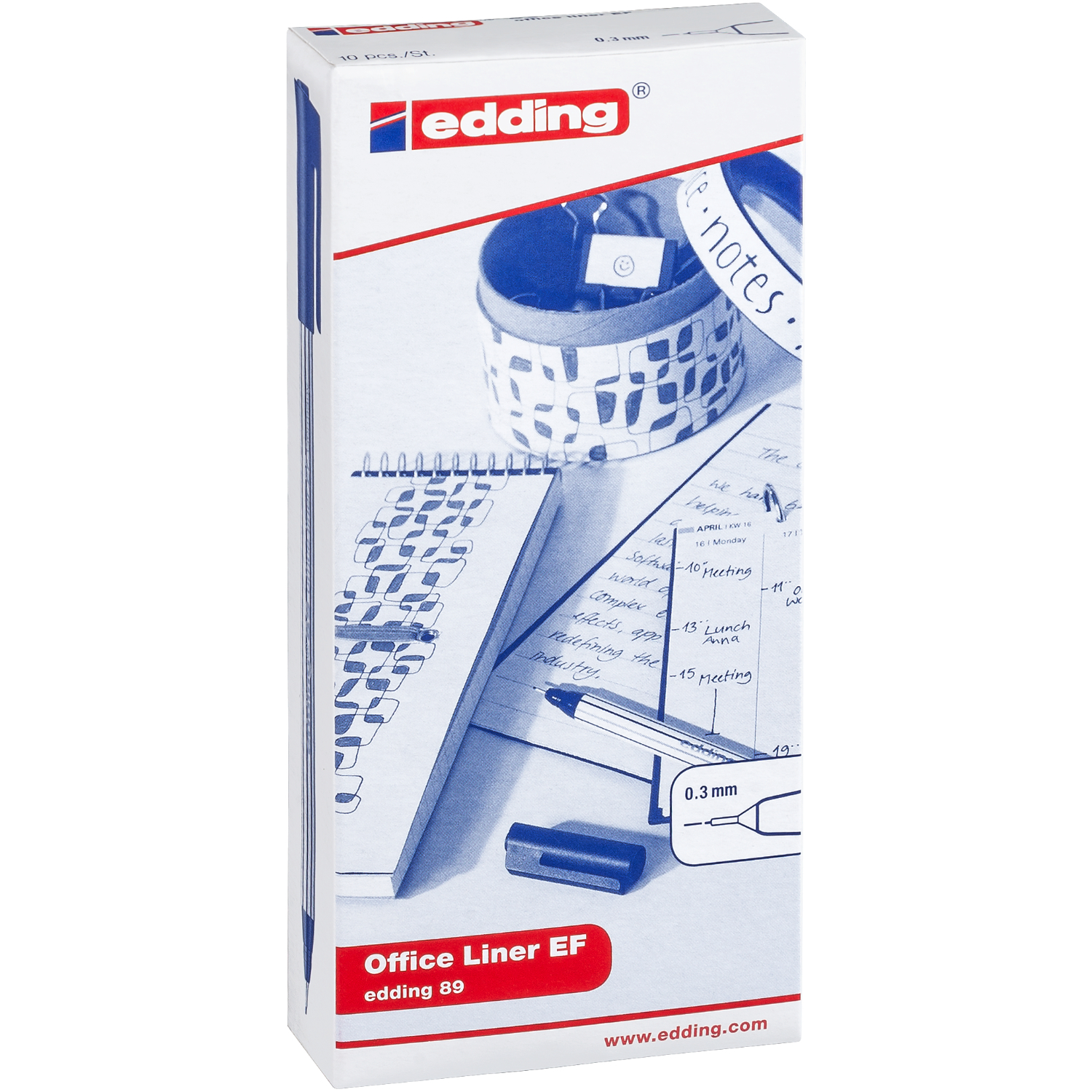 89 office liner EF 0,3mm von edding in Blau, abgebildet auf einer Verpackung mit Schreibutensilien.