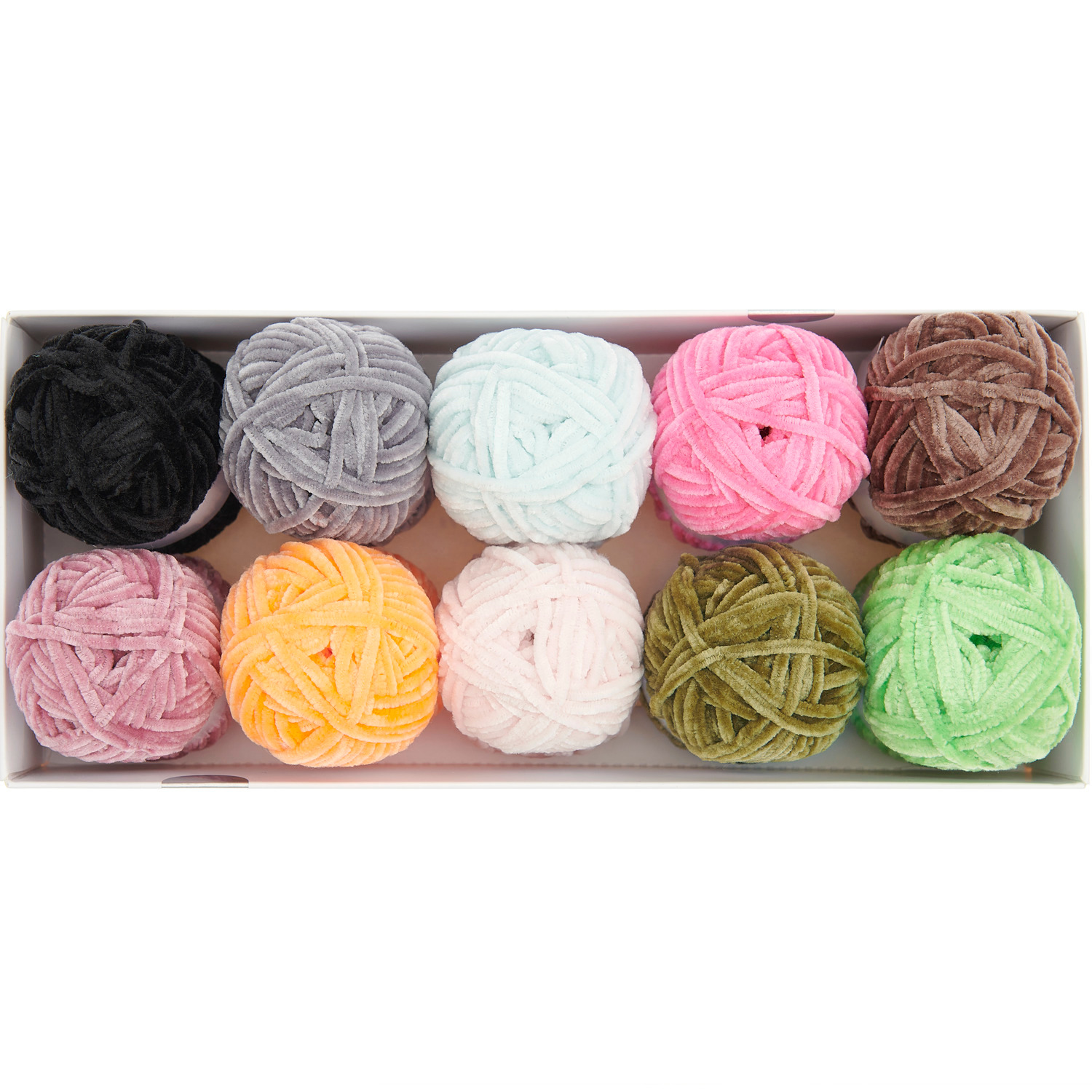 Nilli Nilli Set Fashion: Zehn bunte Wollknäuel in verschiedenen Farben, ideal für kreative Strickprojekte.