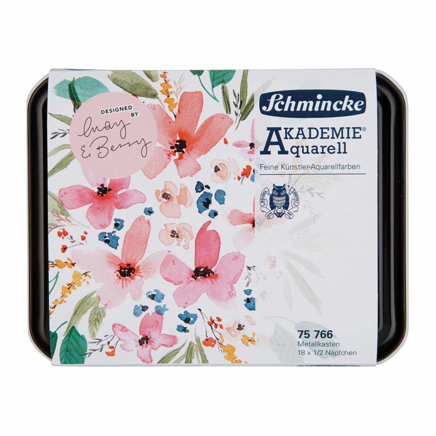 Schmincke Akademie Aquarellkasten mit floralen Mustern auf der Verpackung, designed by May&Berry.