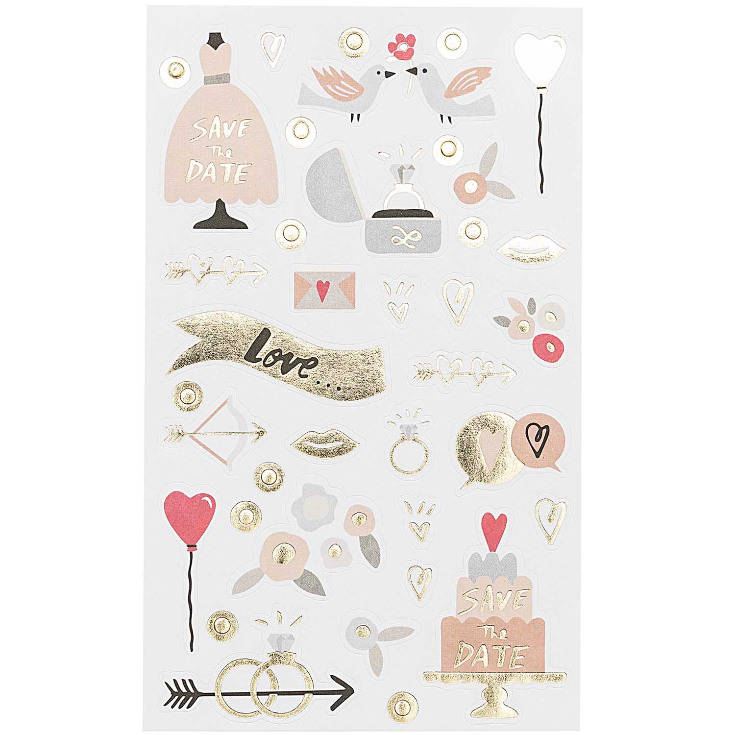 Paper Poetry Sticker Hochzeit 4 Blatt mit romantischen Motiven in Pastelltönen und Goldakzenten.