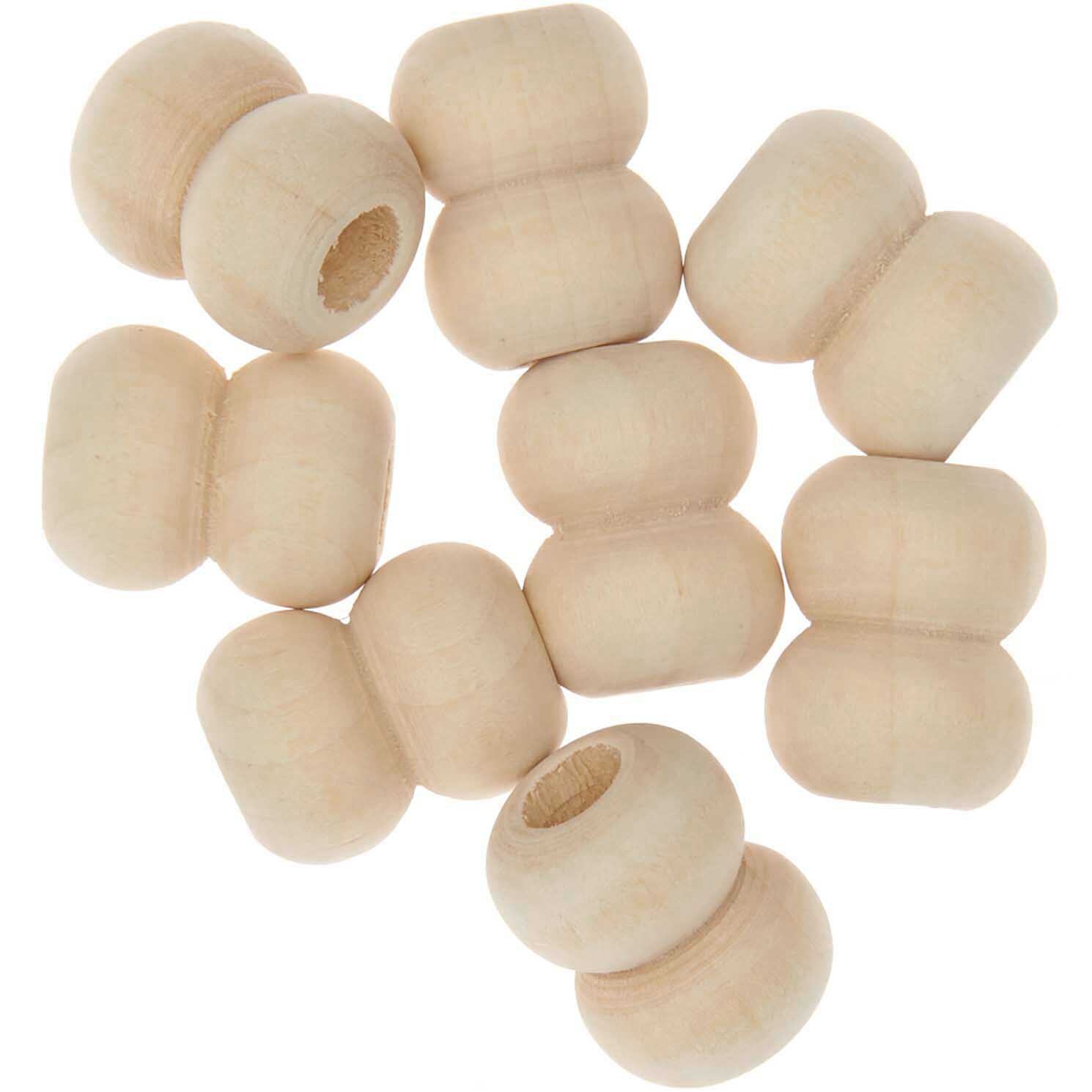 Makramee Perlen Holz natur 17x22mm, 8 Stück von Rico Design. Runde, naturfarbene Holzperlen auf weißem Hintergrund.